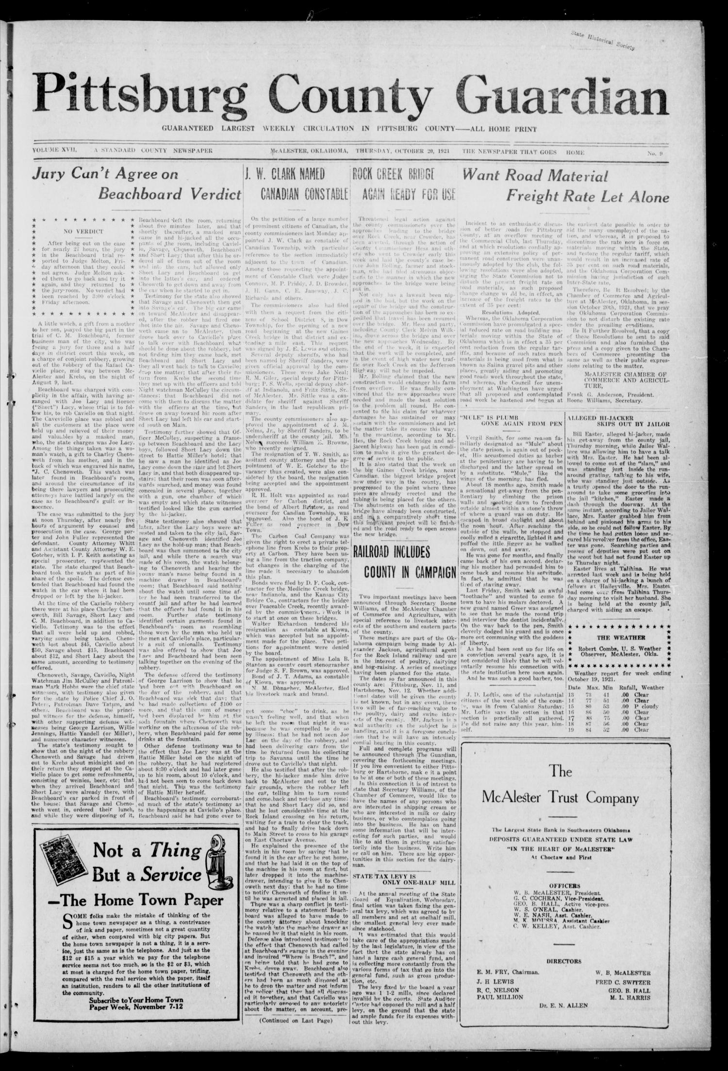 Pittsburg County Guardian (McAlester, Okla.), Vol. 17, No. 9, Ed. 1 Thursday, October 20, 1921
                                                
                                                    [Sequence #]: 1 of 10
                                                