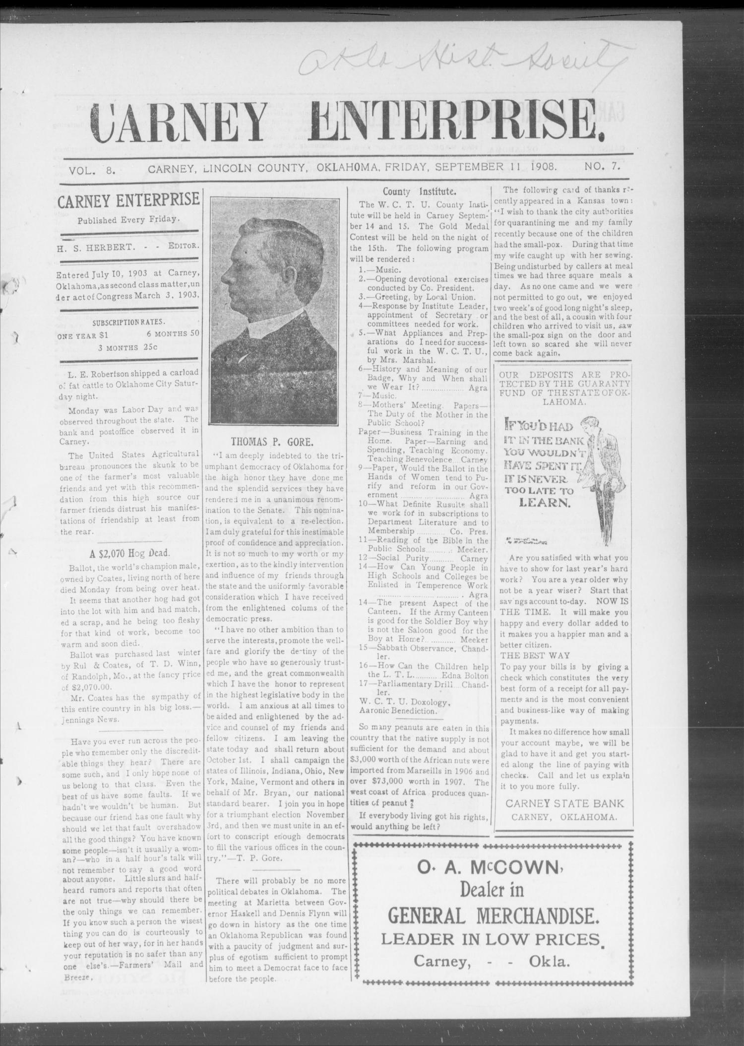 Carney Enterprise. (Carney, Okla.), Vol. 8, No. 7, Ed. 1 Friday, September 11, 1908
                                                
                                                    [Sequence #]: 1 of 8
                                                