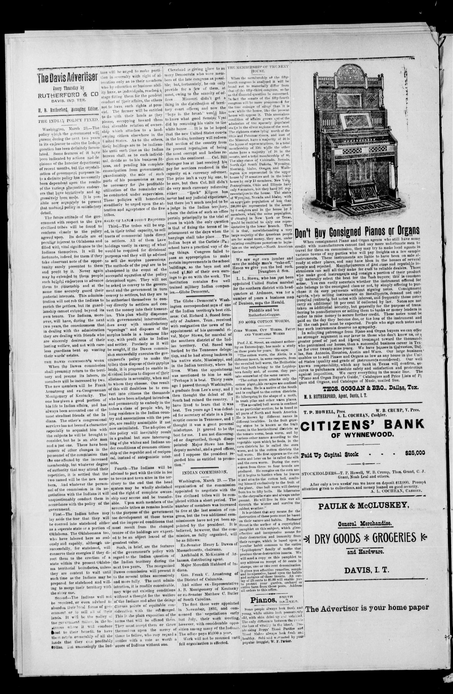 The Davis Advertiser. (Davis, Indian Terr.), Vol. 1, No. 48, Ed. 1 Thursday, April 4, 1895
                                                
                                                    [Sequence #]: 4 of 8
                                                