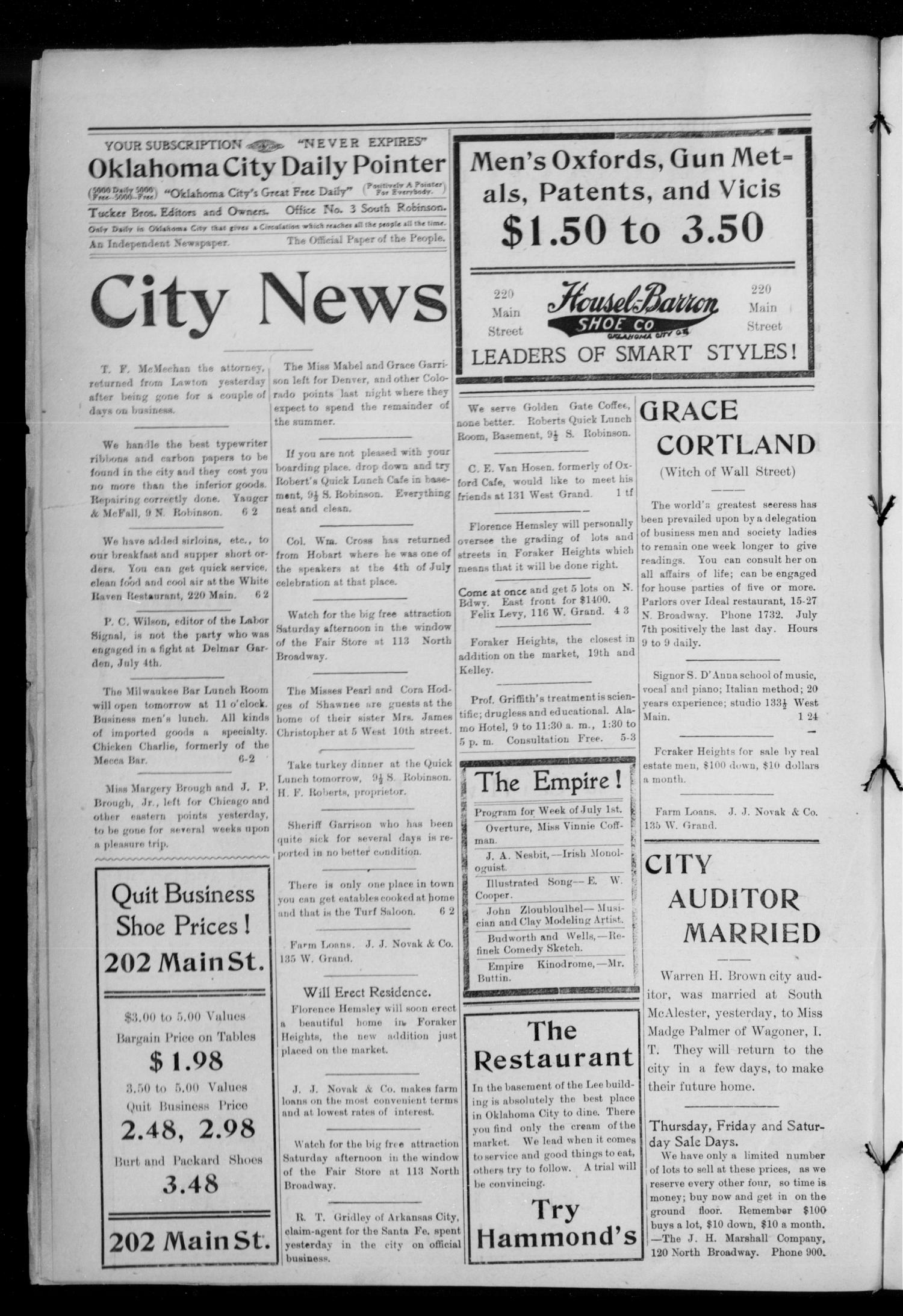 Oklahoma City Daily Pointer (Oklahoma City, Okla.), Vol. 1, No. 146, Ed. 1 Friday, July 6, 1906
                                                
                                                    [Sequence #]: 2 of 4
                                                