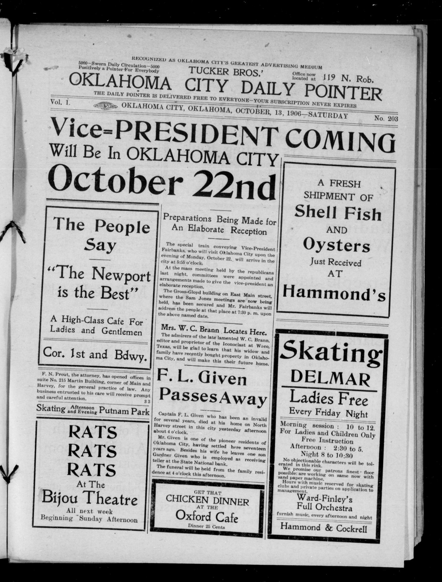 Oklahoma City Daily Pointer (Oklahoma City, Okla.), Vol. 1, No. 203, Ed. 1 Saturday, October 13, 1906
                                                
                                                    [Sequence #]: 1 of 4
                                                