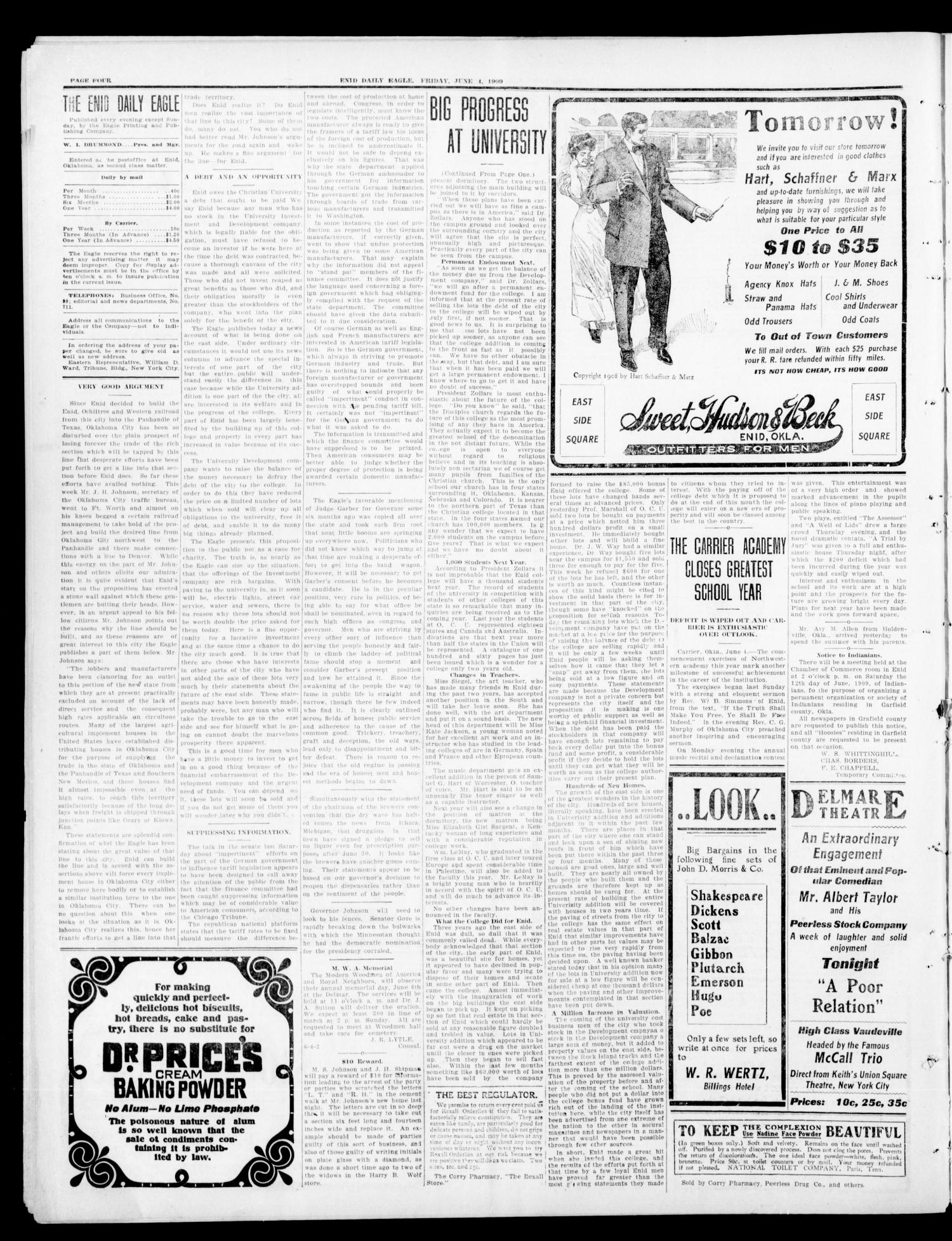 Enid Daily Eagle. (Enid, Okla.), Vol. 8, No. 216, Ed. 1 Friday, June 4, 1909
                                                
                                                    [Sequence #]: 4 of 8
                                                