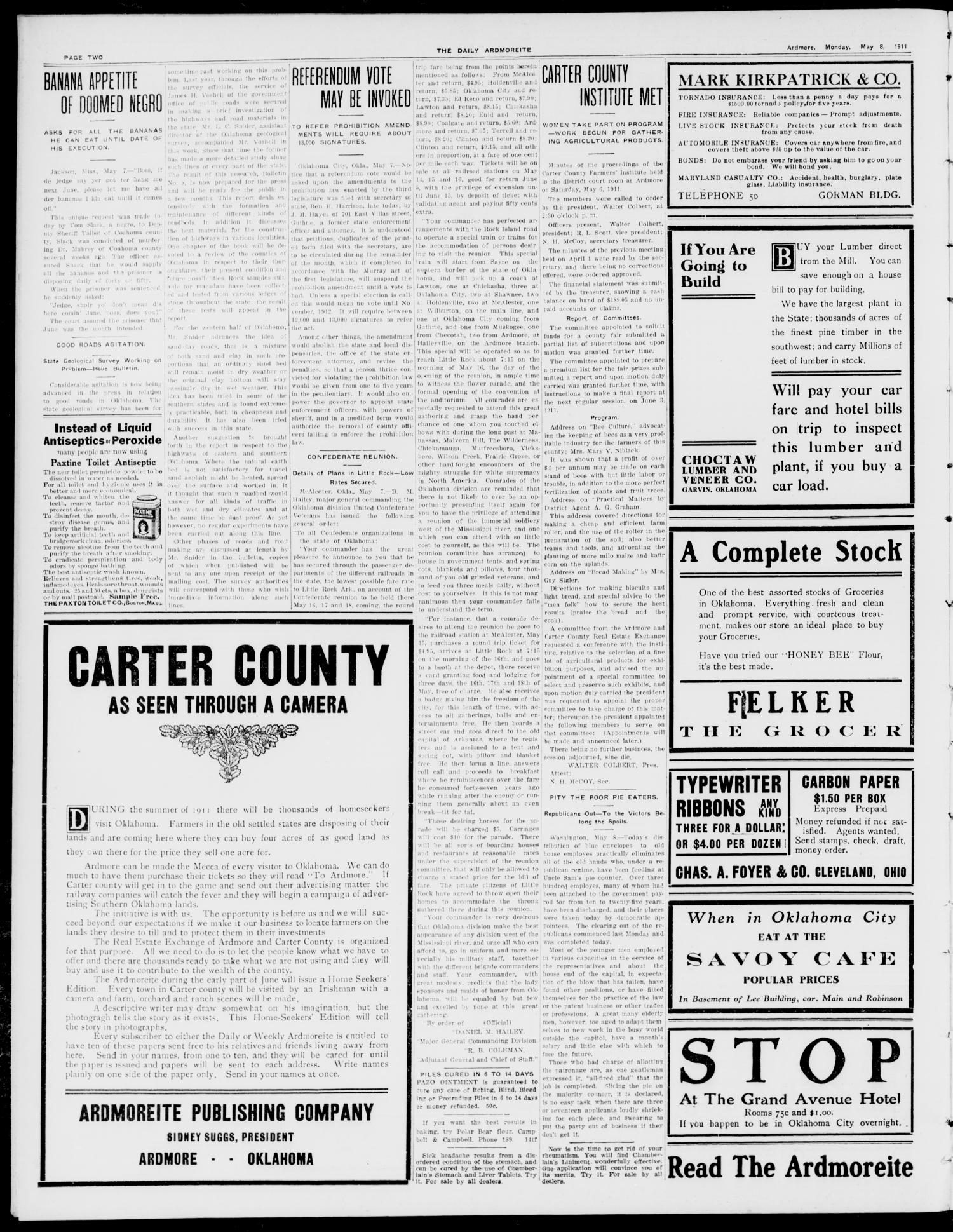 The Daily Ardmoreite. (Ardmore, Okla.), Vol. 17, No. 185, Ed. 1 Monday, May 8, 1911
                                                
                                                    [Sequence #]: 2 of 8
                                                