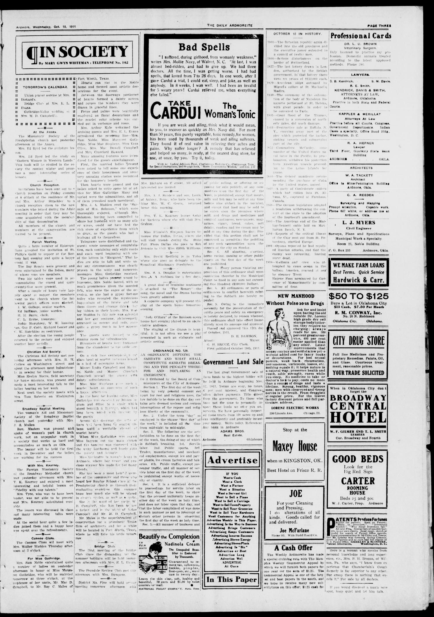 The Daily Ardmoreite. (Ardmore, Okla.), Vol. 18, No. 11, Ed. 1 Wednesday, October 18, 1911
                                                
                                                    [Sequence #]: 3 of 8
                                                
