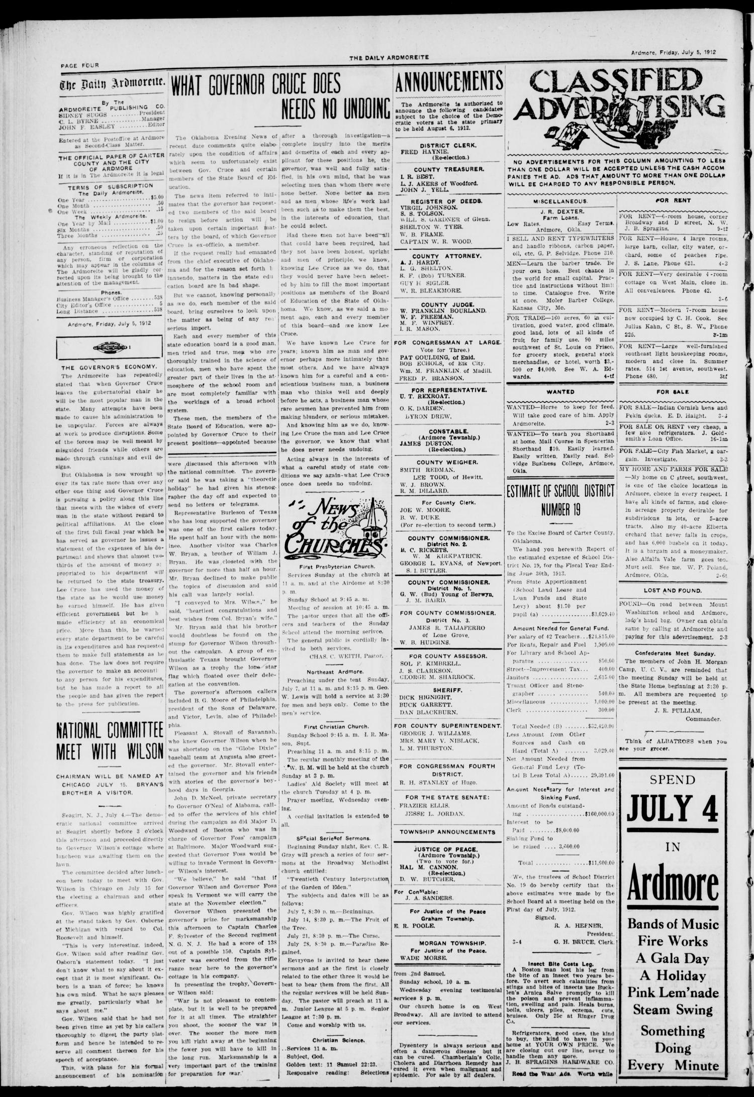 The Daily Ardmoreite. (Ardmore, Okla.), Vol. 18, No. 243, Ed. 1 Friday, July 5, 1912
                                                
                                                    [Sequence #]: 4 of 8
                                                