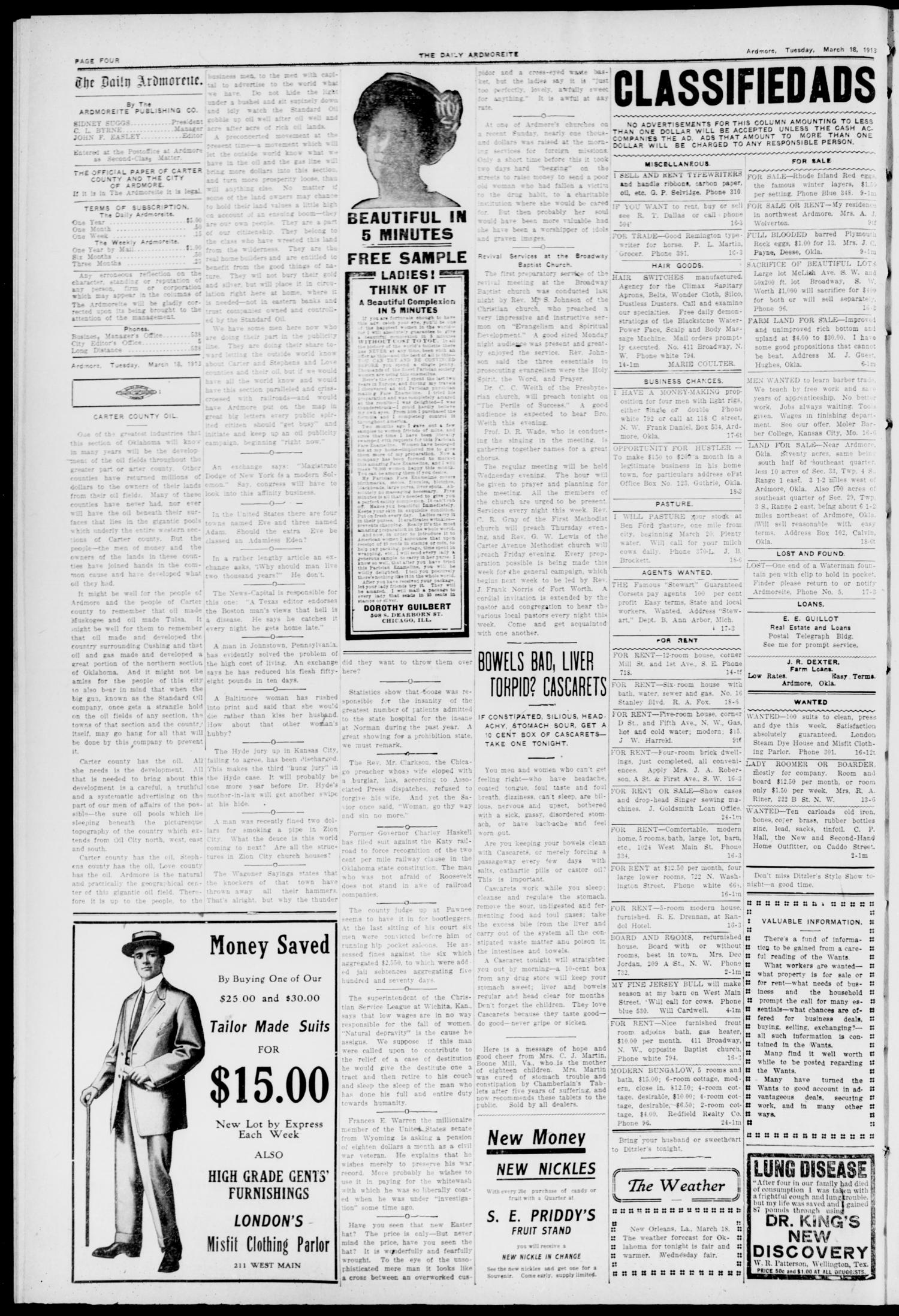 The Daily Ardmoreite. (Ardmore, Okla.), Vol. 19, No. 138, Ed. 1 Tuesday, March 18, 1913
                                                
                                                    [Sequence #]: 4 of 8
                                                