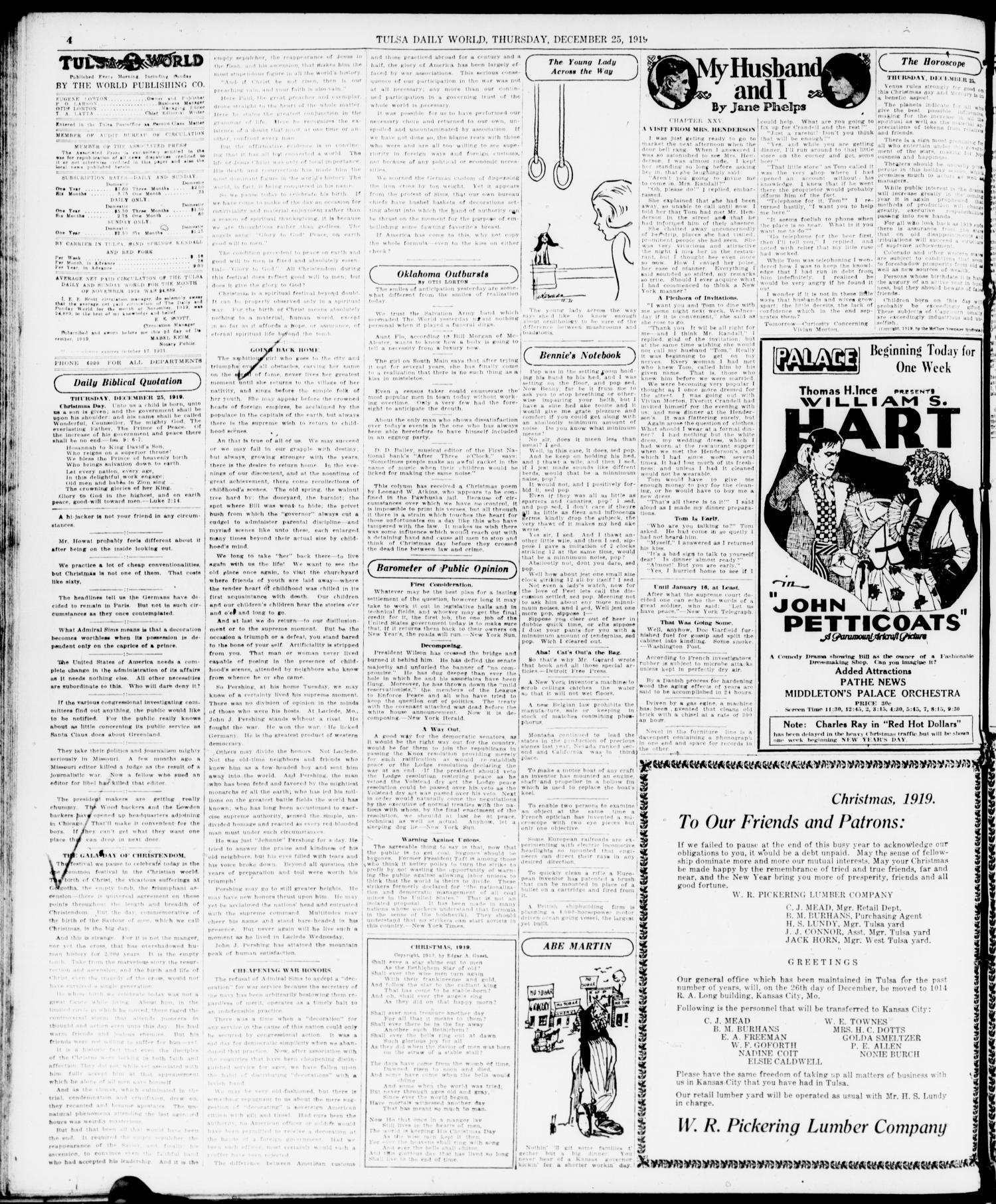 The Morning Tulsa Daily World (Tulsa, Okla.), Vol. 14, No. 88, Ed. 1 Thursday, December 25, 1919
                                                
                                                    [Sequence #]: 4 of 14
                                                