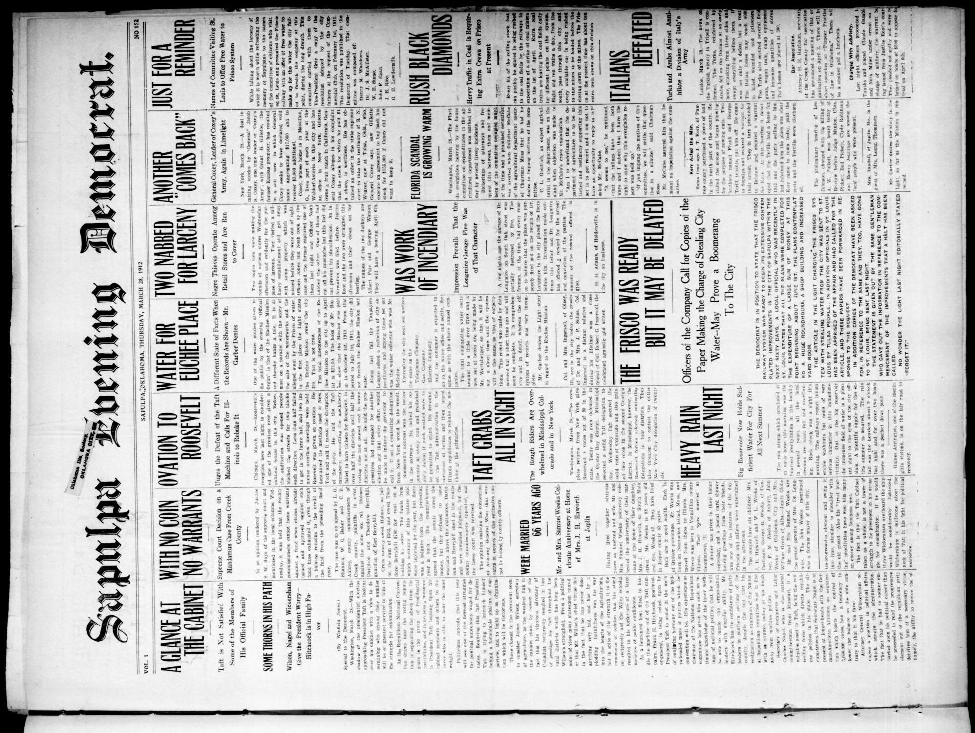 Sapulpa Evening Democrat. (Sapulpa, Okla.), Vol. 1, No. 152, Ed. 1 Thursday, March 28, 1912
                                                
                                                    [Sequence #]: 1 of 4
                                                