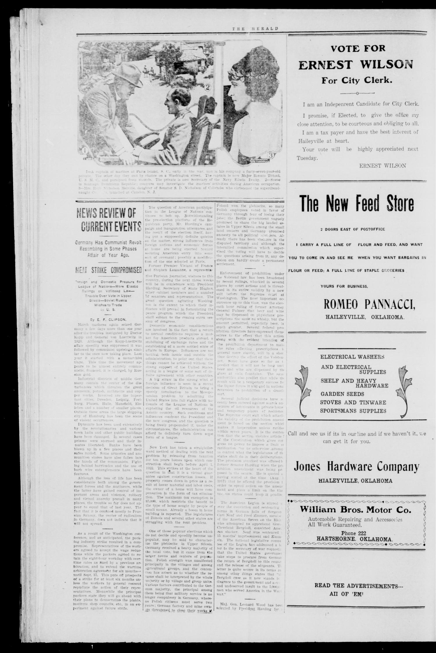The Herald. (Haileyville, Okla.), Vol. 2, No. 52, Ed. 1 Thursday, March 31, 1921
                                                
                                                    [Sequence #]: 4 of 8
                                                