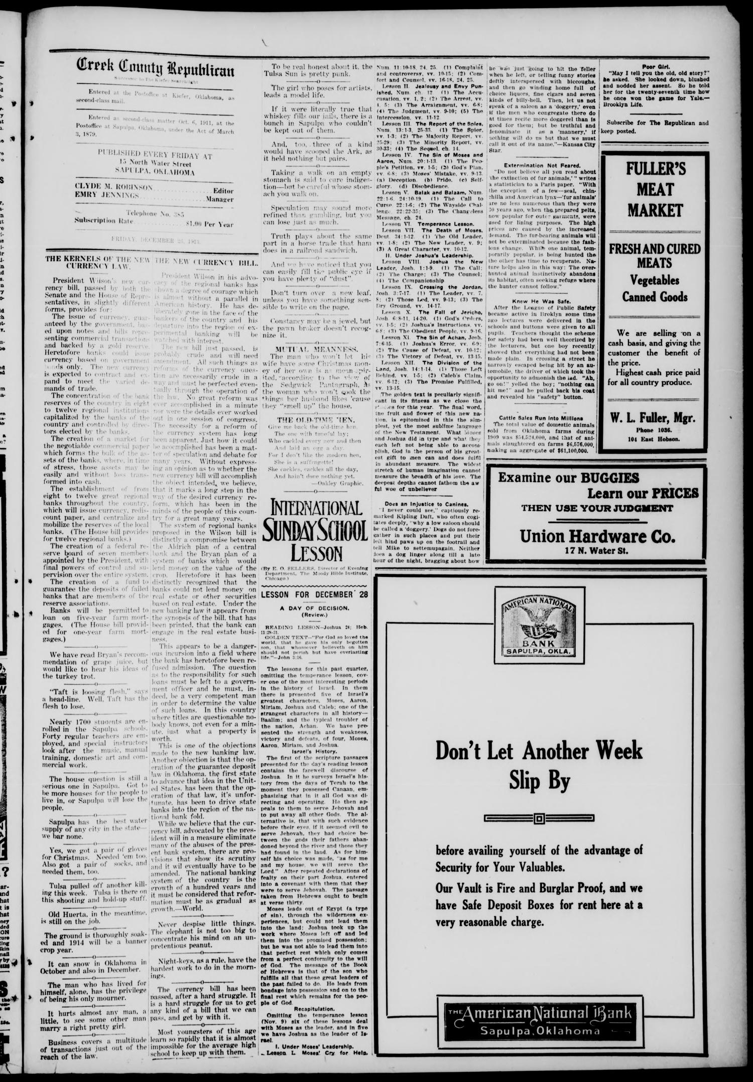 Creek County Republican. (Sapulpa, Okla.), Vol. 7, No. 25, Ed. 1 Friday, December 26, 1913
                                                
                                                    [Sequence #]: 3 of 8
                                                
