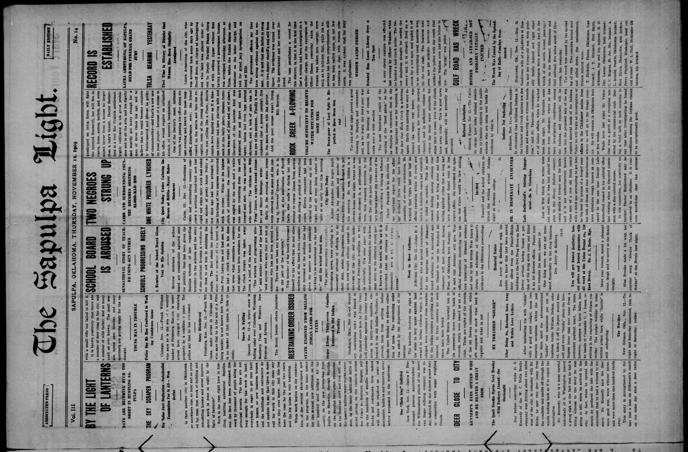 The Sapulpa Light. (Sapulpa, Okla.), Vol. 3, No. 14, Ed. 1 Friday, November 12, 1909
                                                
                                                    [Sequence #]: 1 of 4
                                                