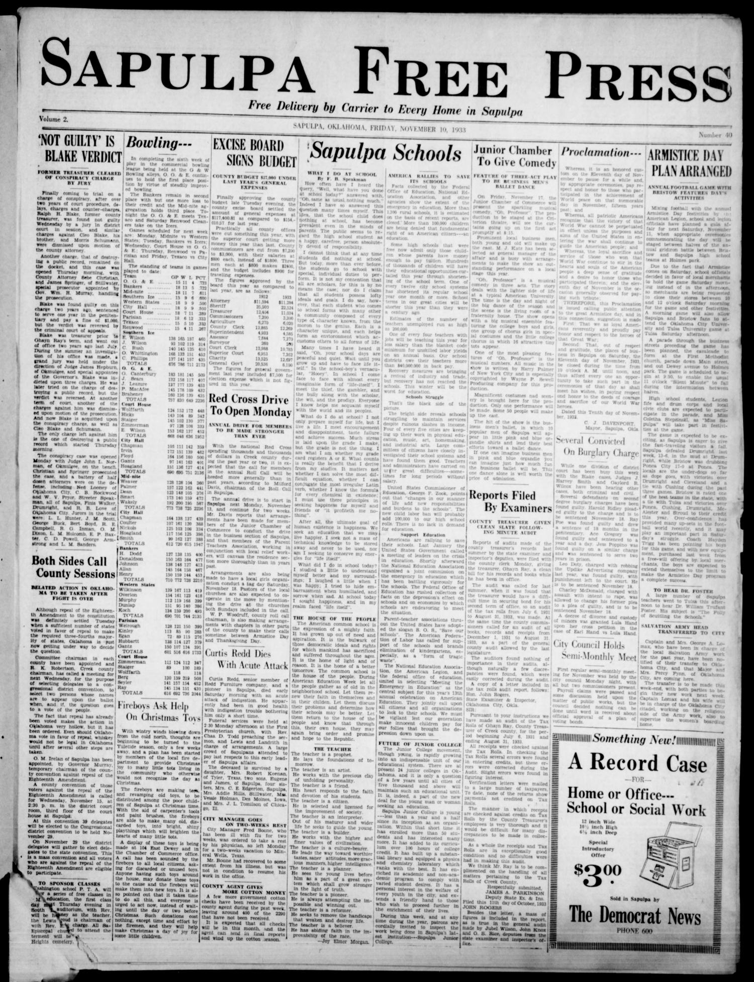 Sapulpa Free Press (Sapulpa, Okla.), Vol. 2, No. 40, Ed. 1 Friday, November 10, 1933
                                                
                                                    [Sequence #]: 1 of 4
                                                