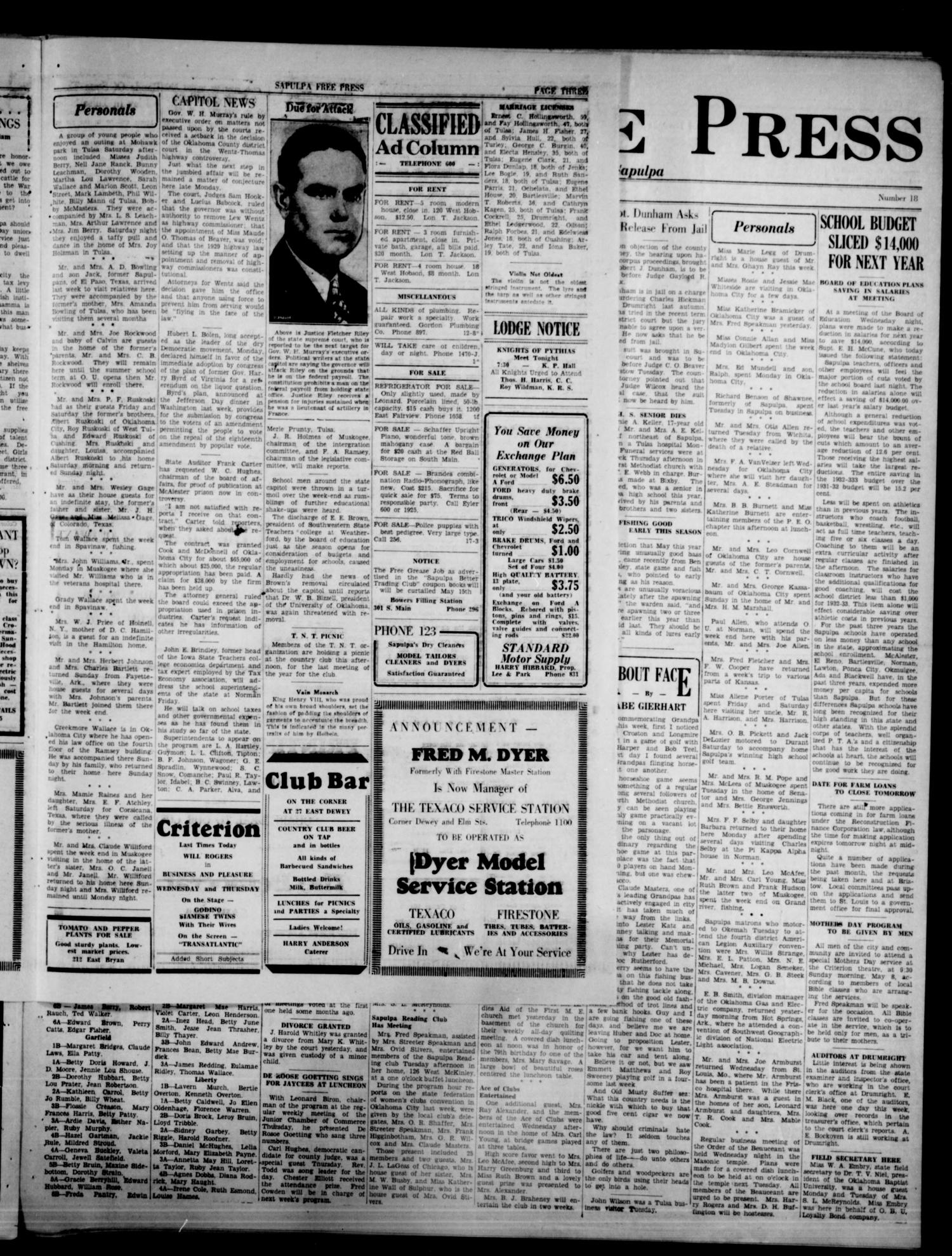 Sapulpa Free Press (Sapulpa, Okla.), Vol. 1, No. 17, Ed. 1 Tuesday, April 26, 1932
                                                
                                                    [Sequence #]: 3 of 4
                                                
