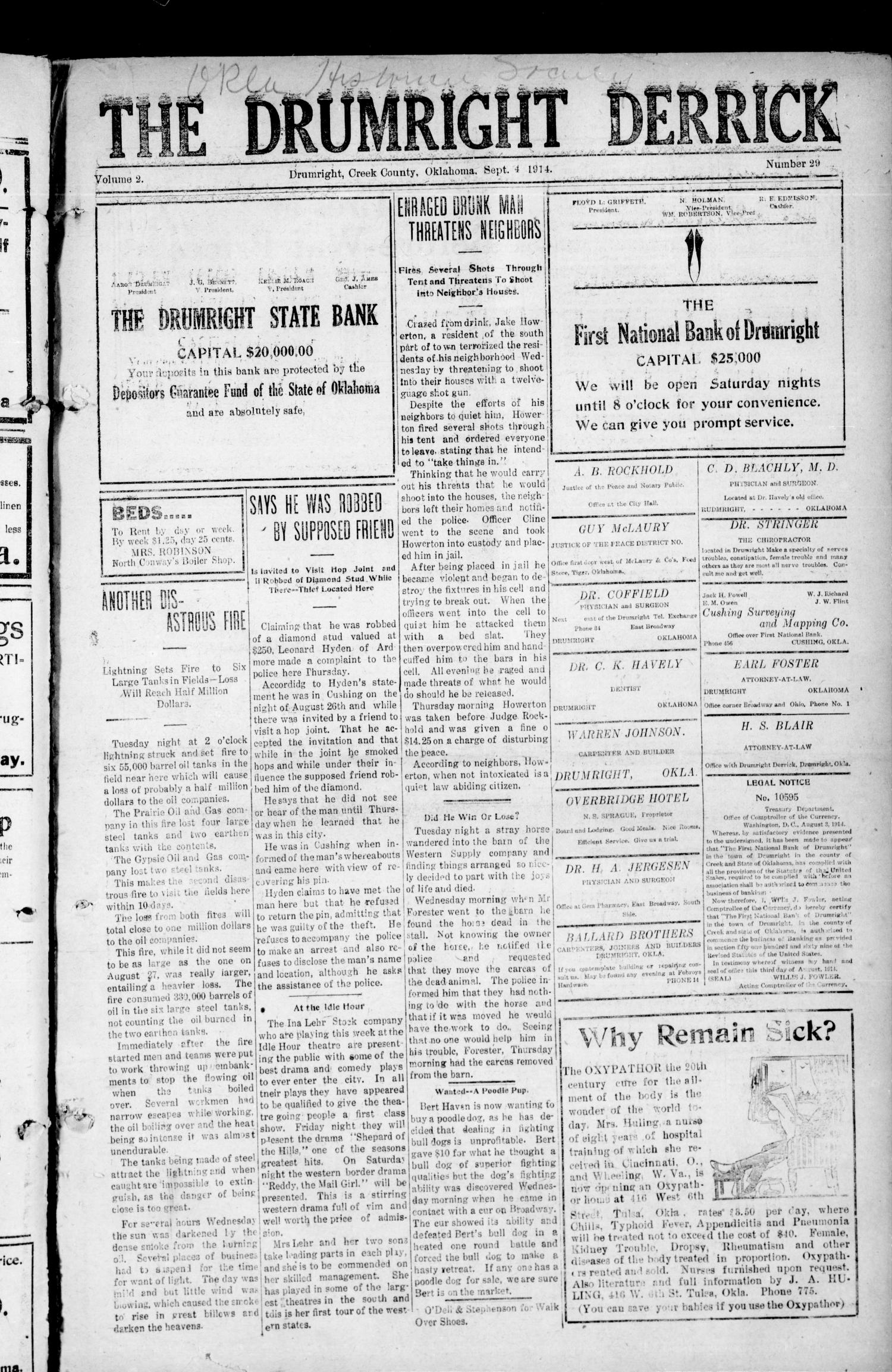 The Drumright Derrick (Drumright, Okla.), Vol. 2, No. 29, Ed. 1 Friday, September 4, 1914
                                                
                                                    [Sequence #]: 1 of 8
                                                