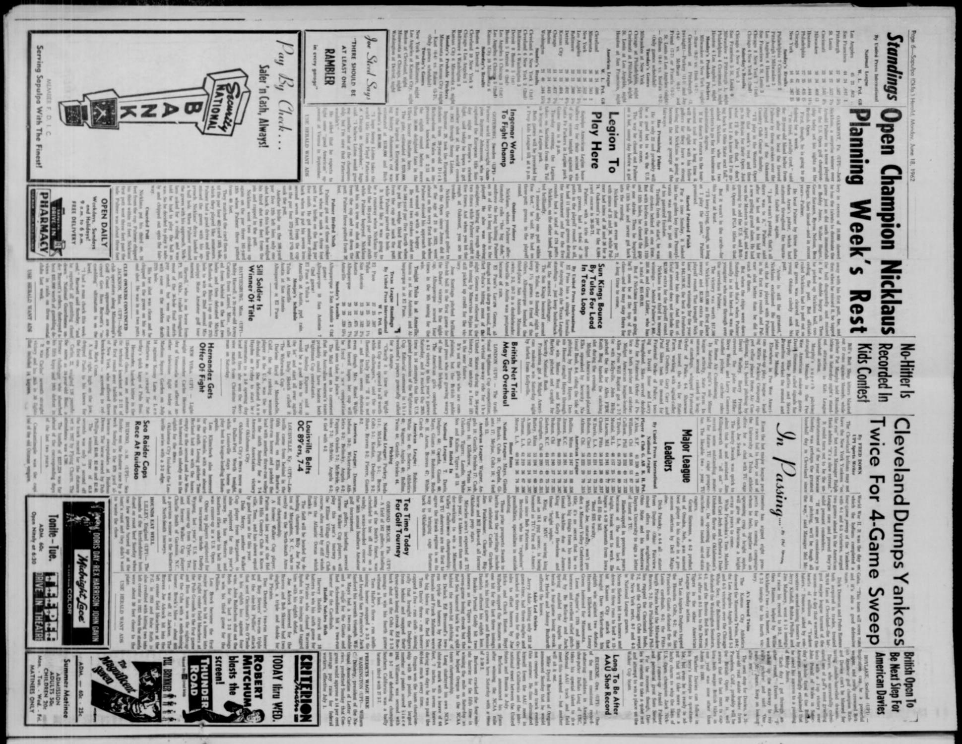 Sapulpa Daily Herald (Sapulpa, Okla.), Vol. 47, No. 238, Ed. 1 Monday, June 18, 1962
                                                
                                                    [Sequence #]: 6 of 6
                                                
