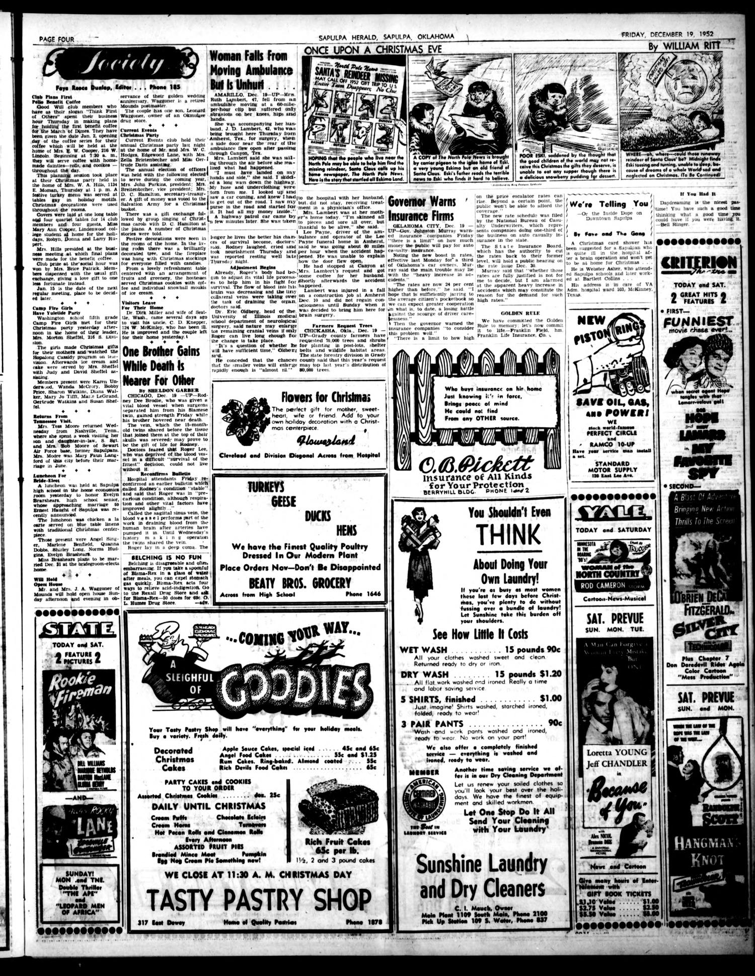 Sapulpa Daily Herald (Sapulpa, Okla.), Vol. 38, No. 93, Ed. 1 Friday, December 19, 1952
                                                
                                                    [Sequence #]: 3 of 6
                                                