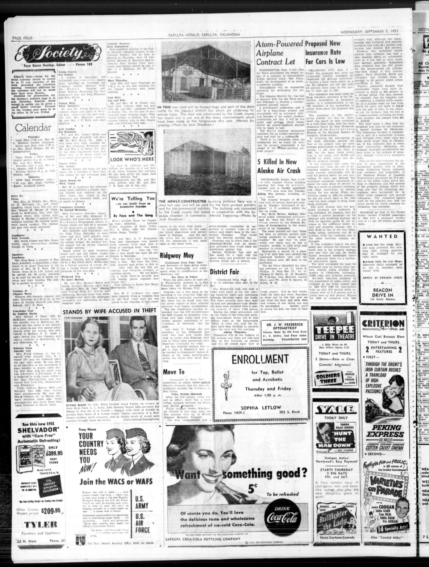 Sapulpa Daily Herald (Sapulpa, Okla.), Vol. 38, No. 3, Ed. 1 Wednesday, September 5, 1951
                                                
                                                    [Sequence #]: 4 of 6
                                                