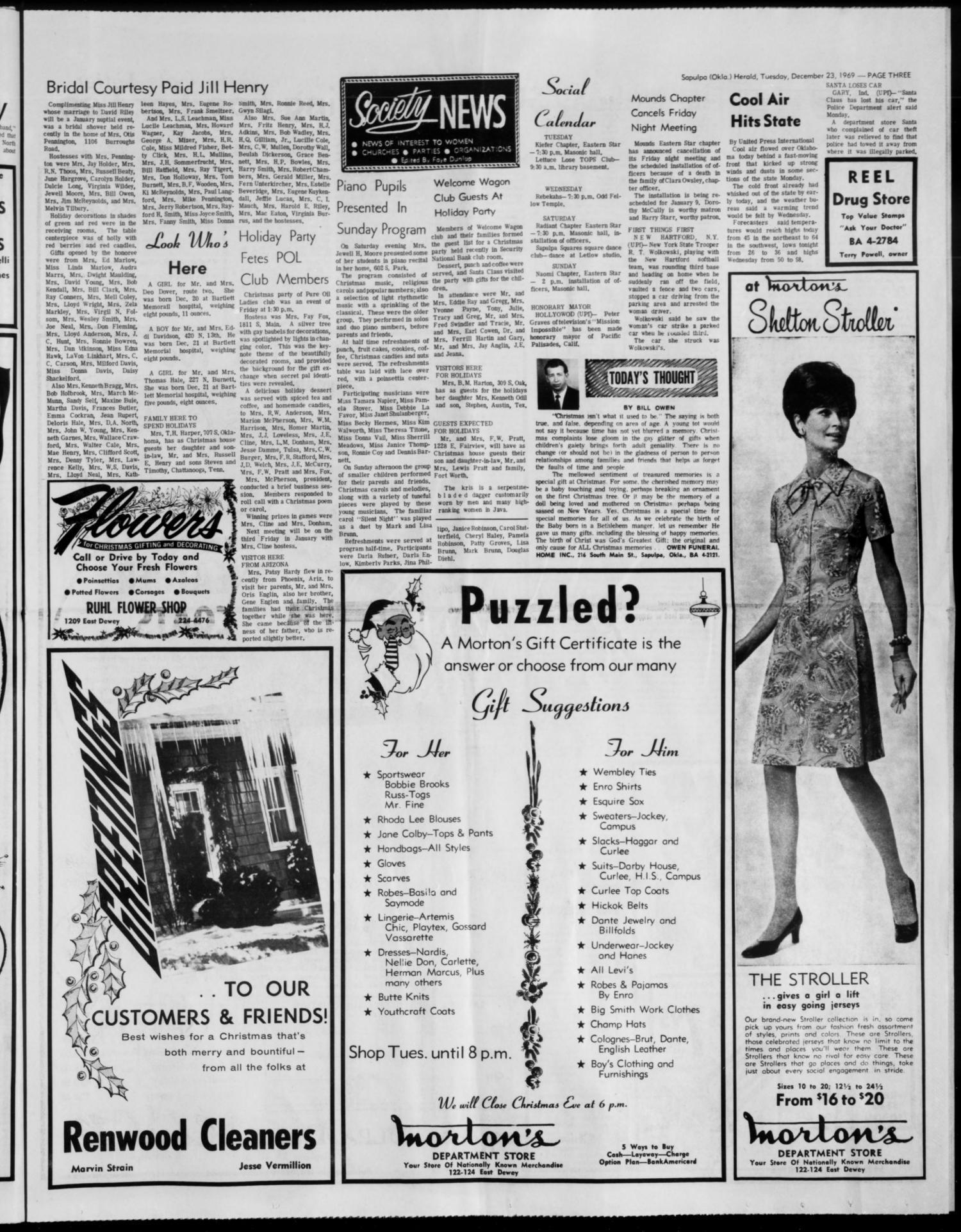 The Sapulpa Daily Herald (Sapulpa, Okla.), Vol. 56, No. 98, Ed. 1 Tuesday, December 23, 1969
                                                
                                                    [Sequence #]: 3 of 10
                                                