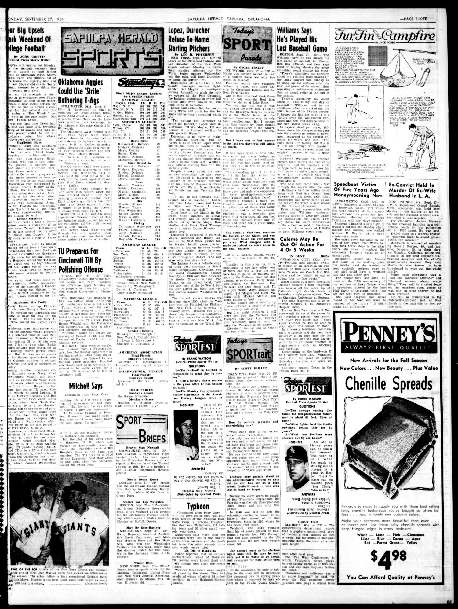 Sapulpa Daily Herald (Sapulpa, Okla.), Vol. 40, No. 22, Ed. 1 Monday, September 27, 1954
                                                
                                                    [Sequence #]: 3 of 6
                                                