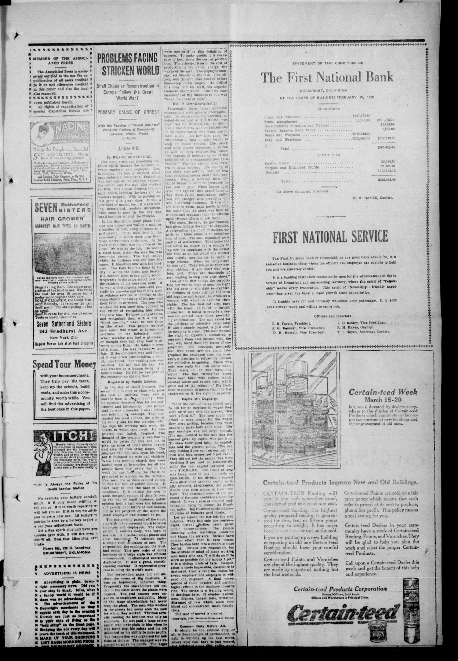 Drumright Evening Derrick (Drumright, Okla.), Vol. 5, No. 354, Ed. 1 Monday, March 15, 1920
                                                
                                                    [Sequence #]: 3 of 8
                                                