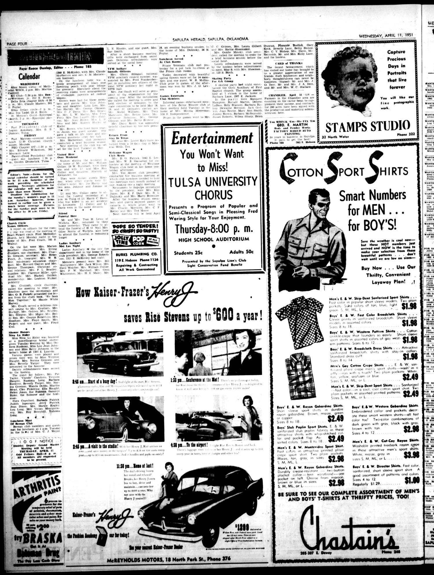 Sapulpa Daily Herald (Sapulpa, Okla.), Vol. 37, No. 187, Ed. 1 Wednesday, April 11, 1951
                                                
                                                    [Sequence #]: 4 of 6
                                                