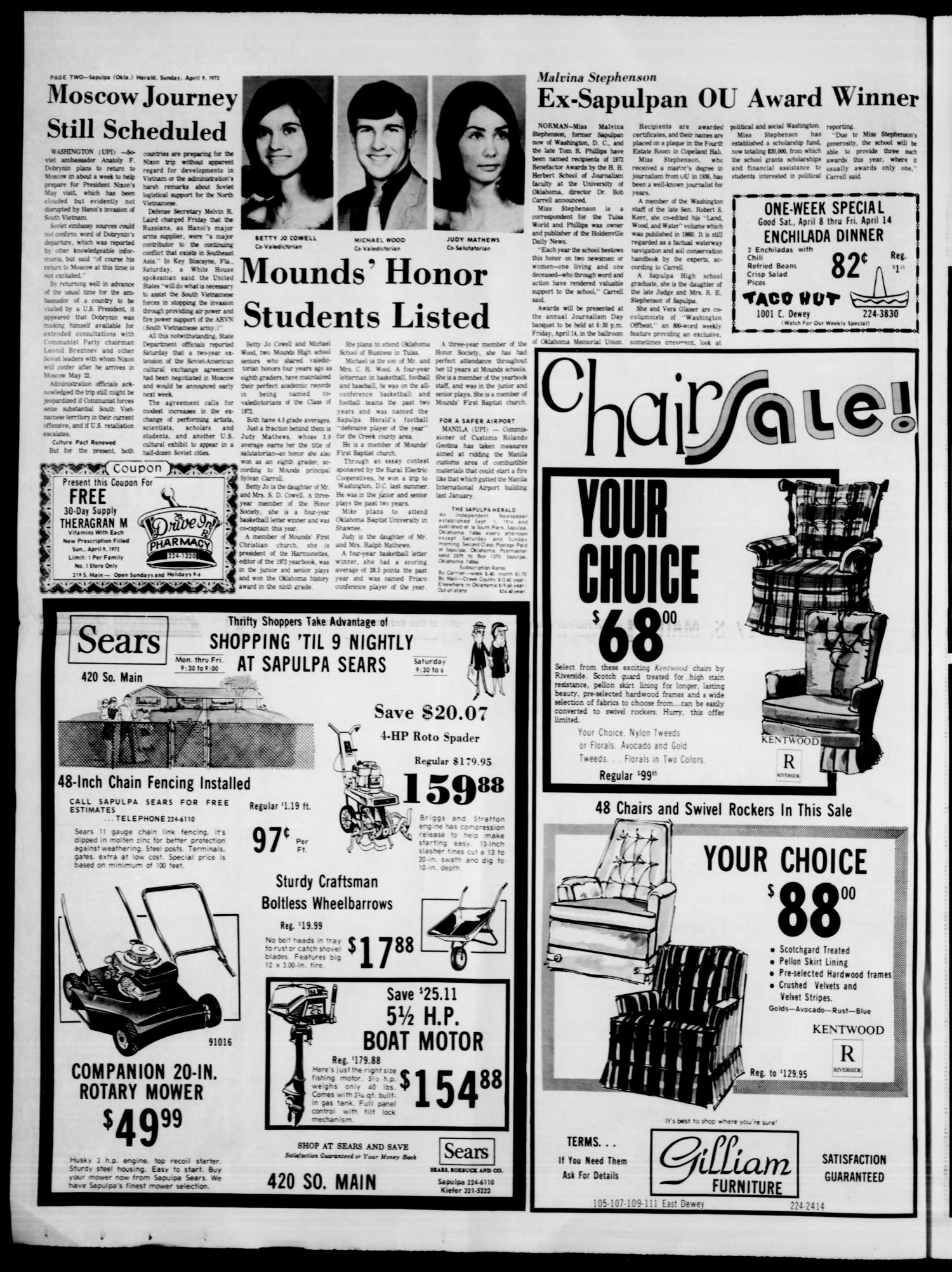 Sapulpa Daily Herald (Sapulpa, Okla.), Vol. 58, No. 190, Ed. 1 Sunday, April 9, 1972
                                                
                                                    [Sequence #]: 2 of 20
                                                