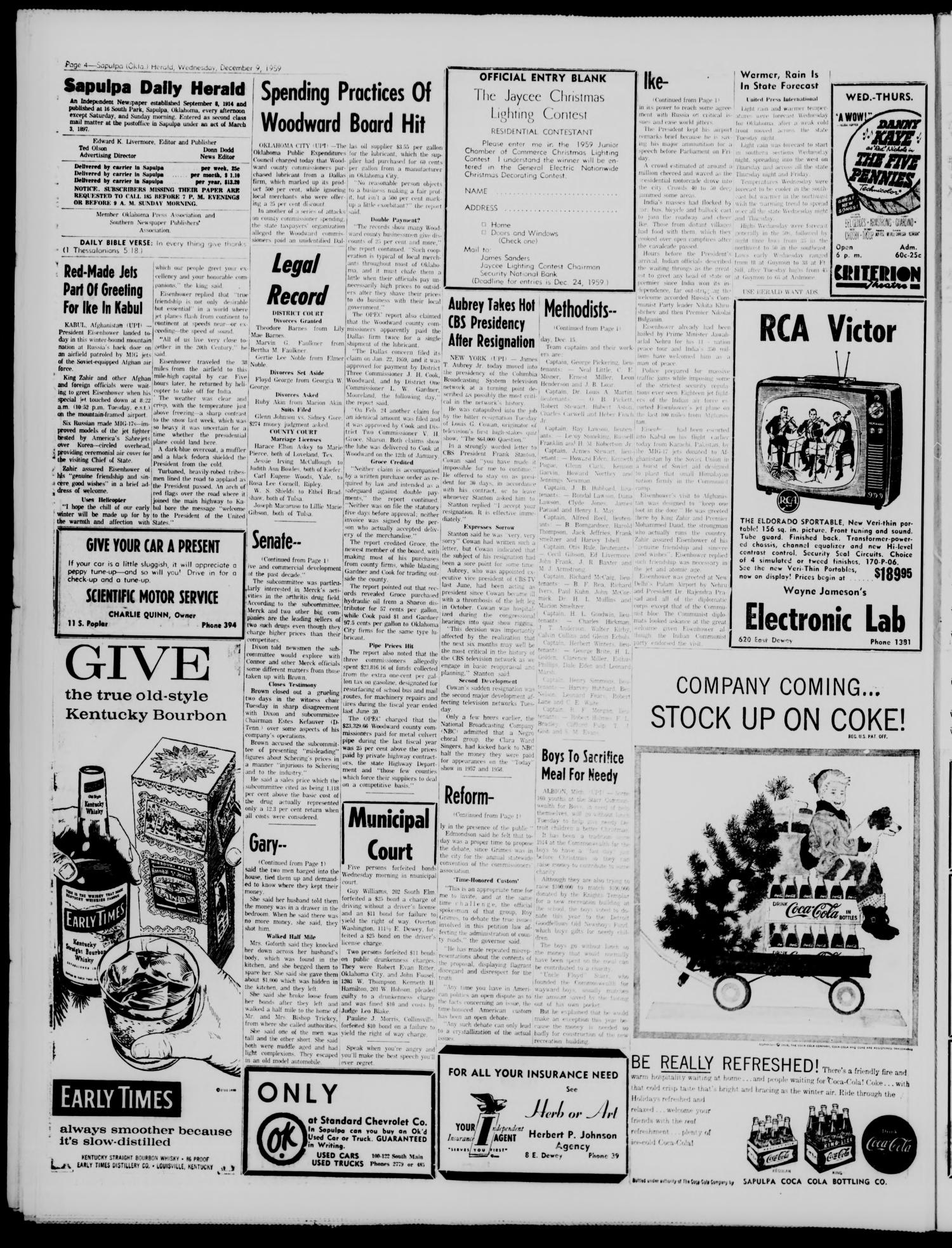 Sapulpa Daily Herald (Sapulpa, Okla.), Vol. 45, No. 84, Ed. 1 Wednesday, December 9, 1959
                                                
                                                    [Sequence #]: 4 of 6
                                                