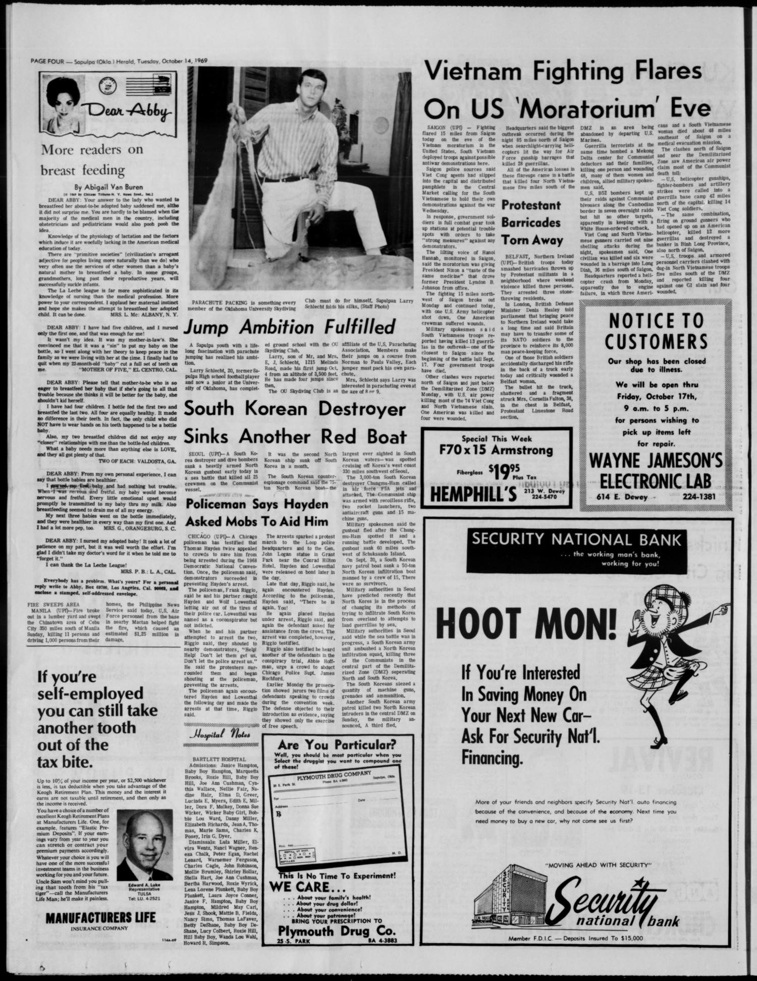 The Sapulpa Daily Herald (Sapulpa, Okla.), Vol. 56, No. 38, Ed. 1 Tuesday, October 14, 1969
                                                
                                                    [Sequence #]: 4 of 12
                                                
