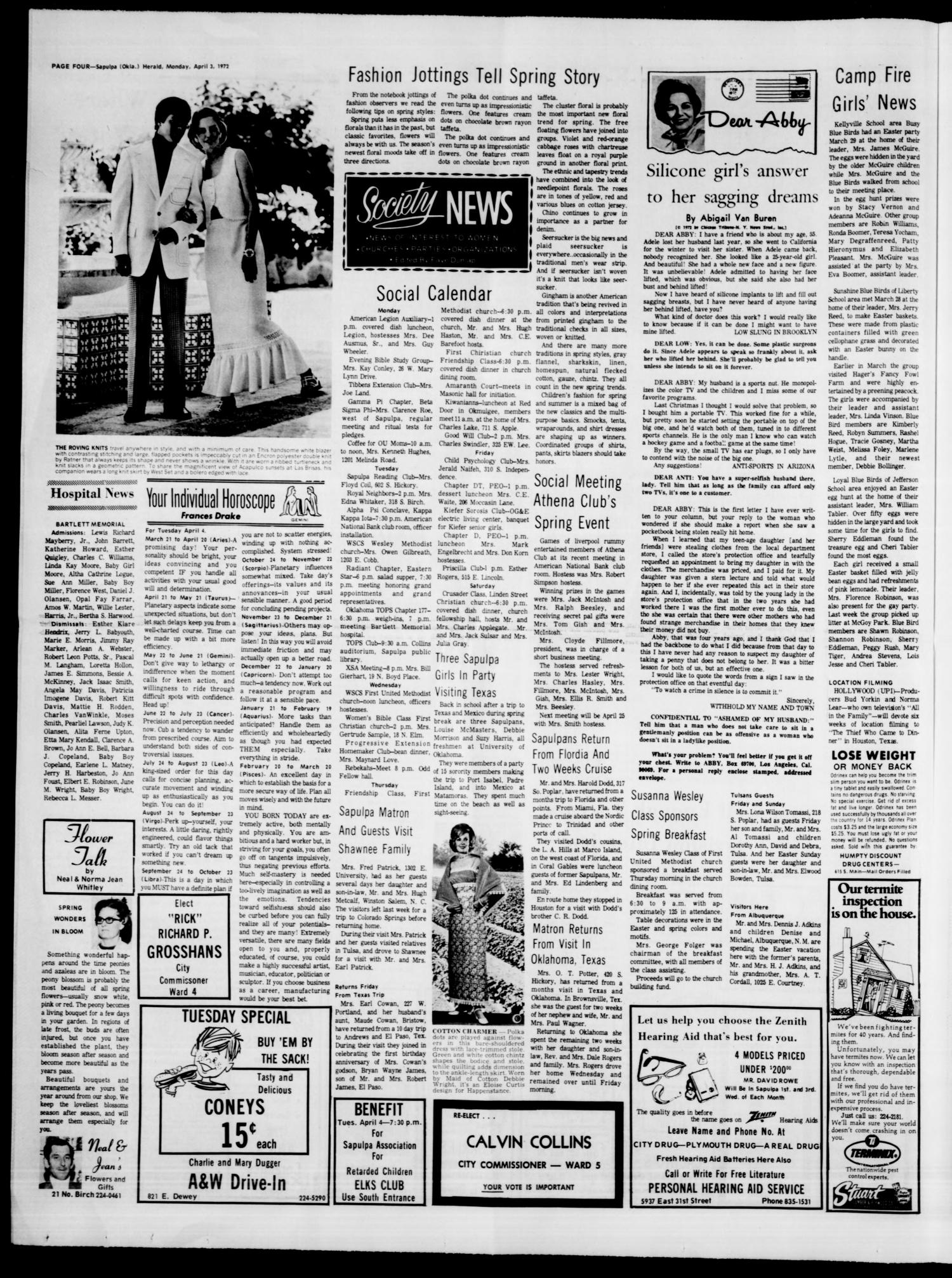 Sapulpa Daily Herald (Sapulpa, Okla.), Vol. 58, No. 185, Ed. 1 Monday, April 3, 1972
                                                
                                                    [Sequence #]: 4 of 10
                                                