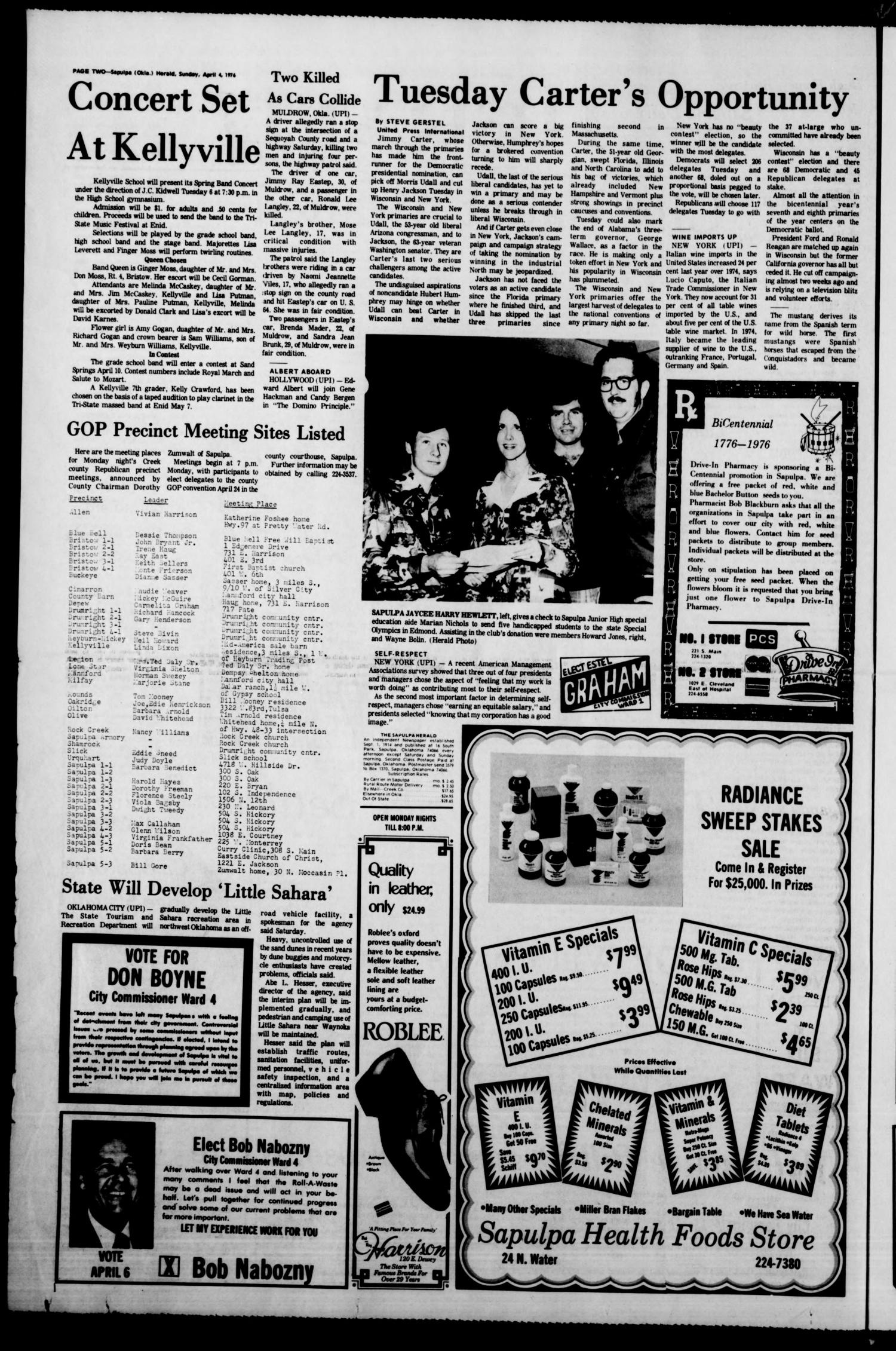 Sapulpa Daily Herald (Sapulpa, Okla.), Vol. 62, No. 173, Ed. 1 Sunday, April 4, 1976
                                                
                                                    [Sequence #]: 2 of 42
                                                