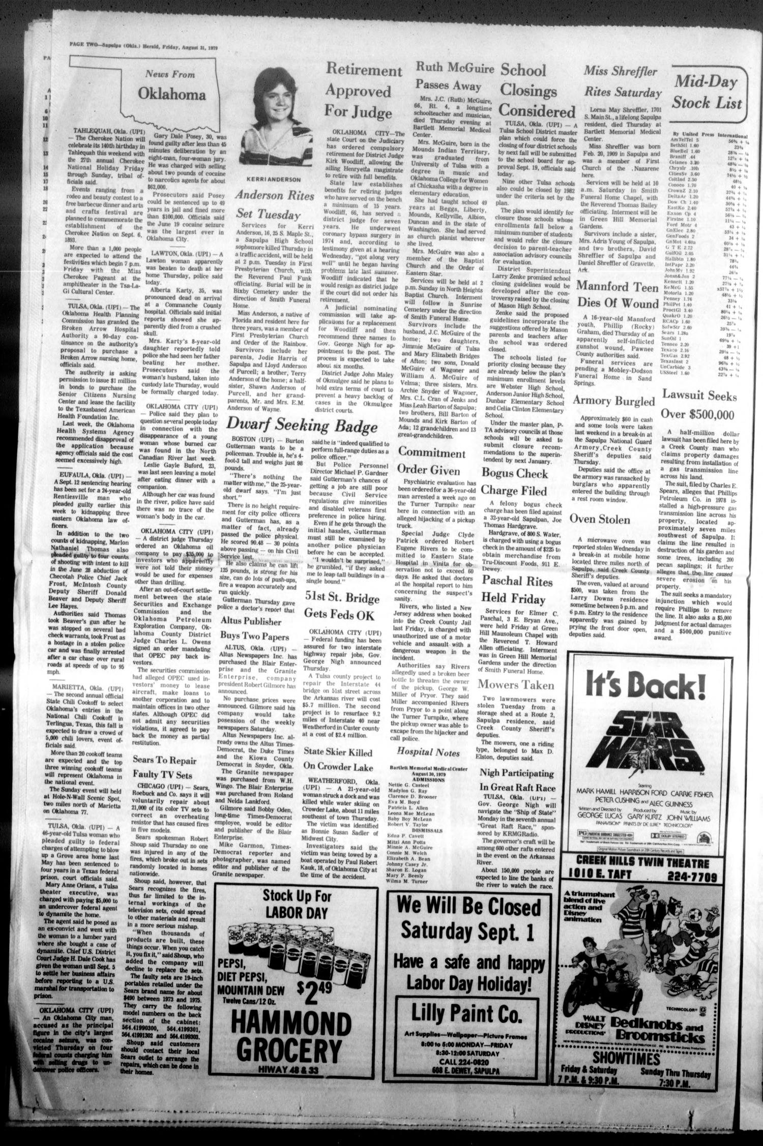 Sapulpa Daily Herald (Sapulpa, Okla.), Vol. 65, No. 299, Ed. 1 Friday, August 31, 1979
                                                
                                                    [Sequence #]: 2 of 16
                                                
