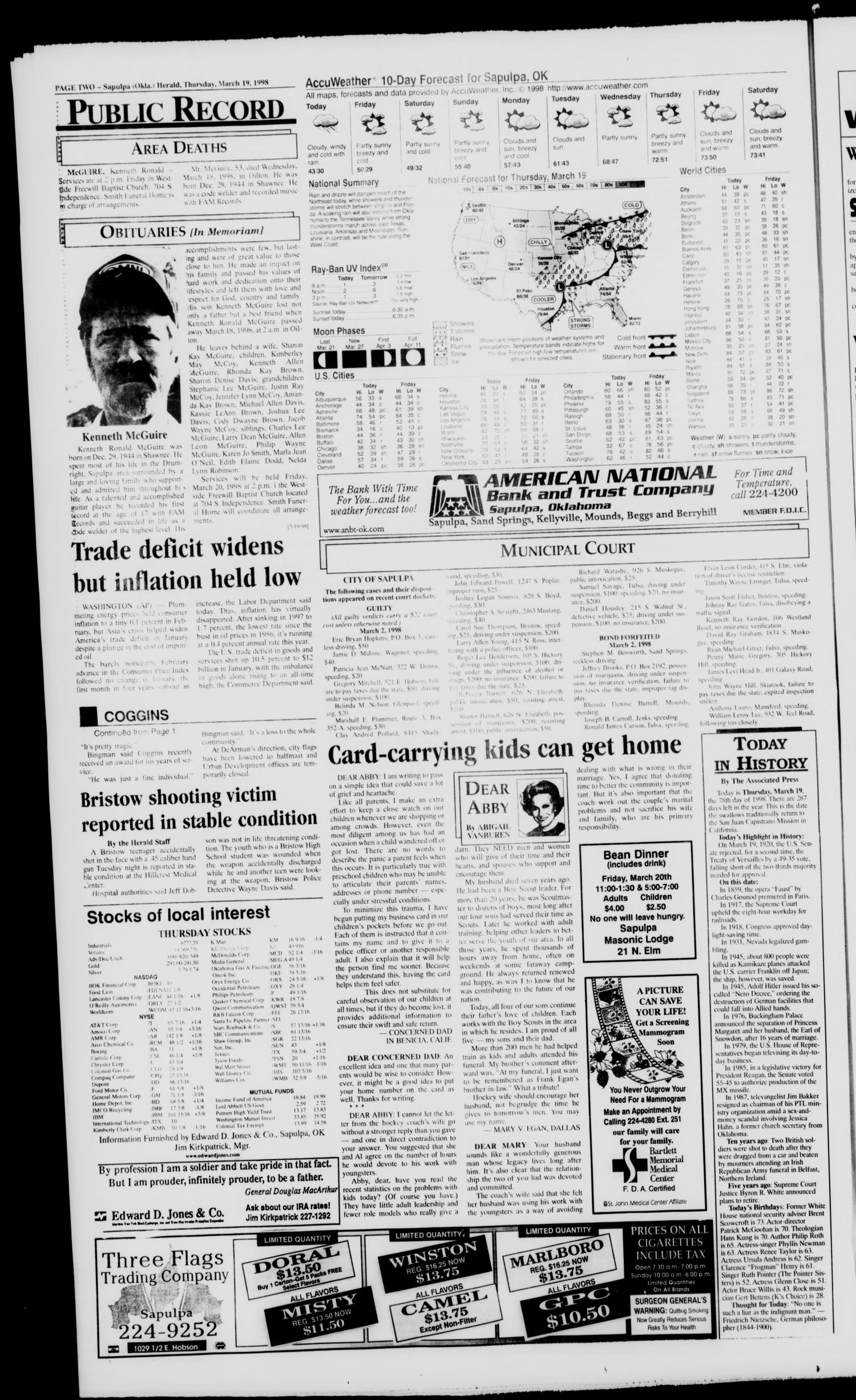 Sapulpa Daily Herald (Sapulpa, Okla.), Vol. 89, No. 160, Ed. 1 Thursday, March 19, 1998
                                                
                                                    [Sequence #]: 2 of 10
                                                