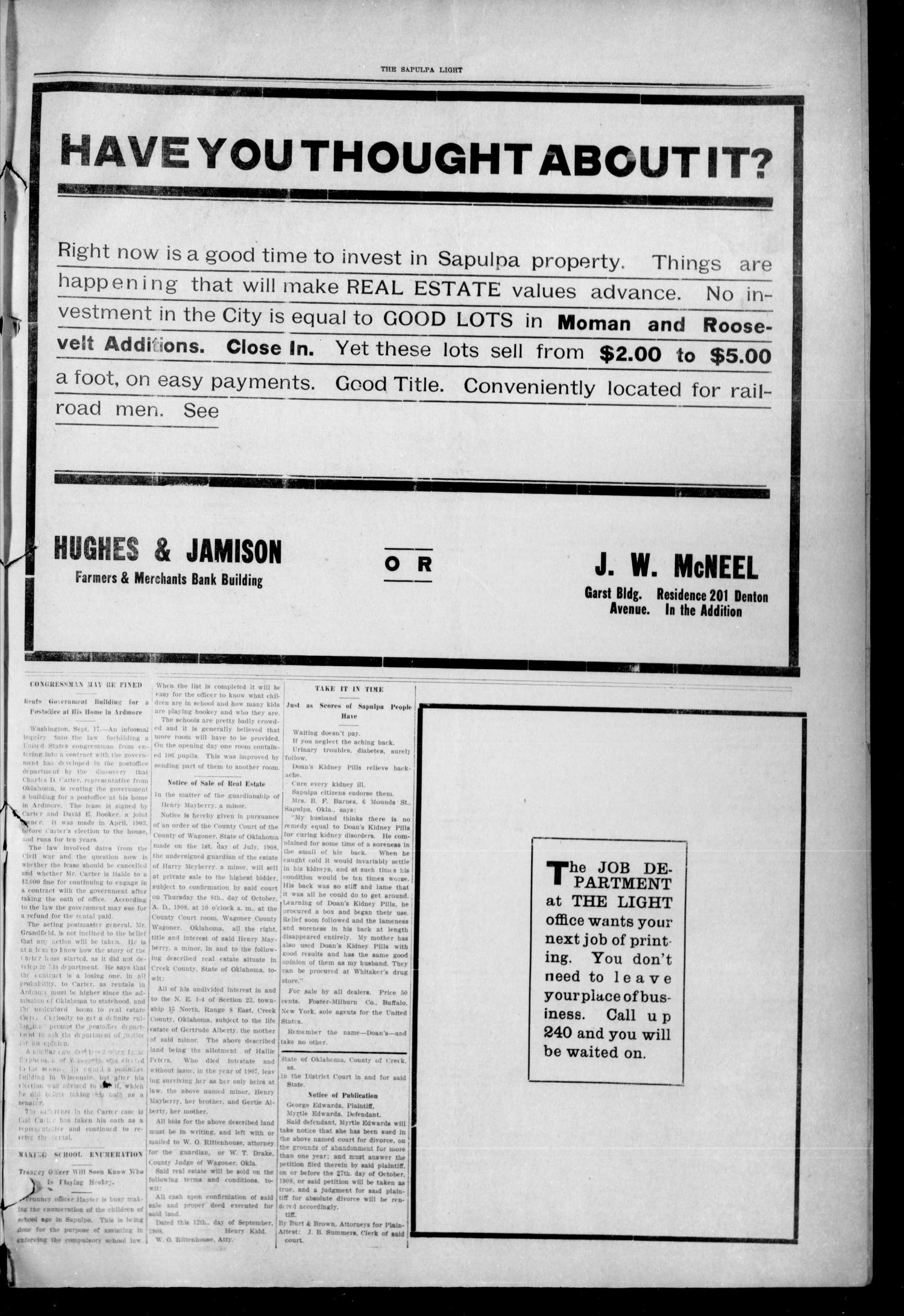 The Sapulpa Light (Sapulpa, Okla.), Vol. 1, No. 278, Ed. 1 Friday, September 18, 1908
                                                
                                                    [Sequence #]: 3 of 4
                                                