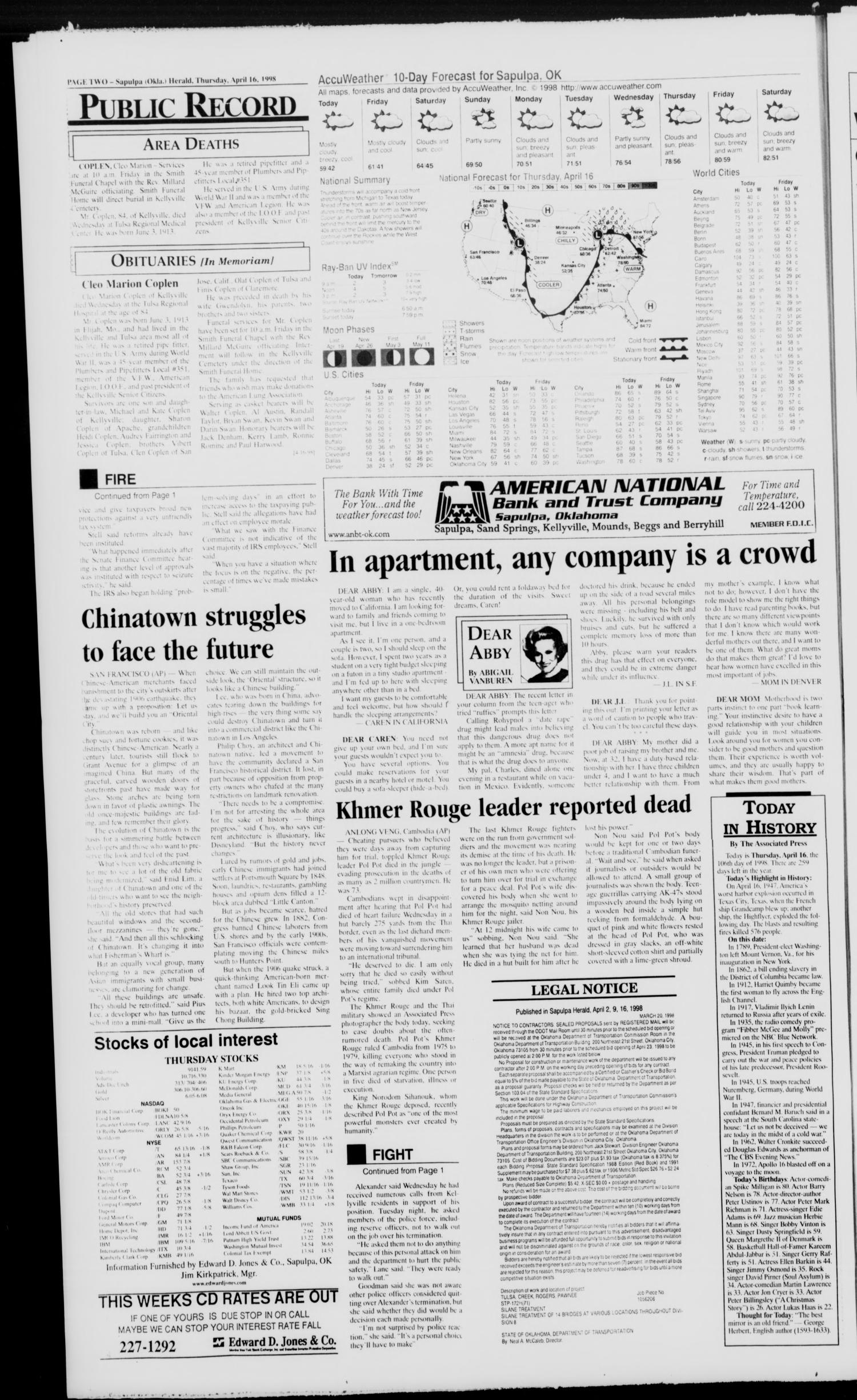 Sapulpa Daily Herald (Sapulpa, Okla.), Vol. 89, No. 184, Ed. 1 Thursday, April 16, 1998
                                                
                                                    [Sequence #]: 2 of 10
                                                