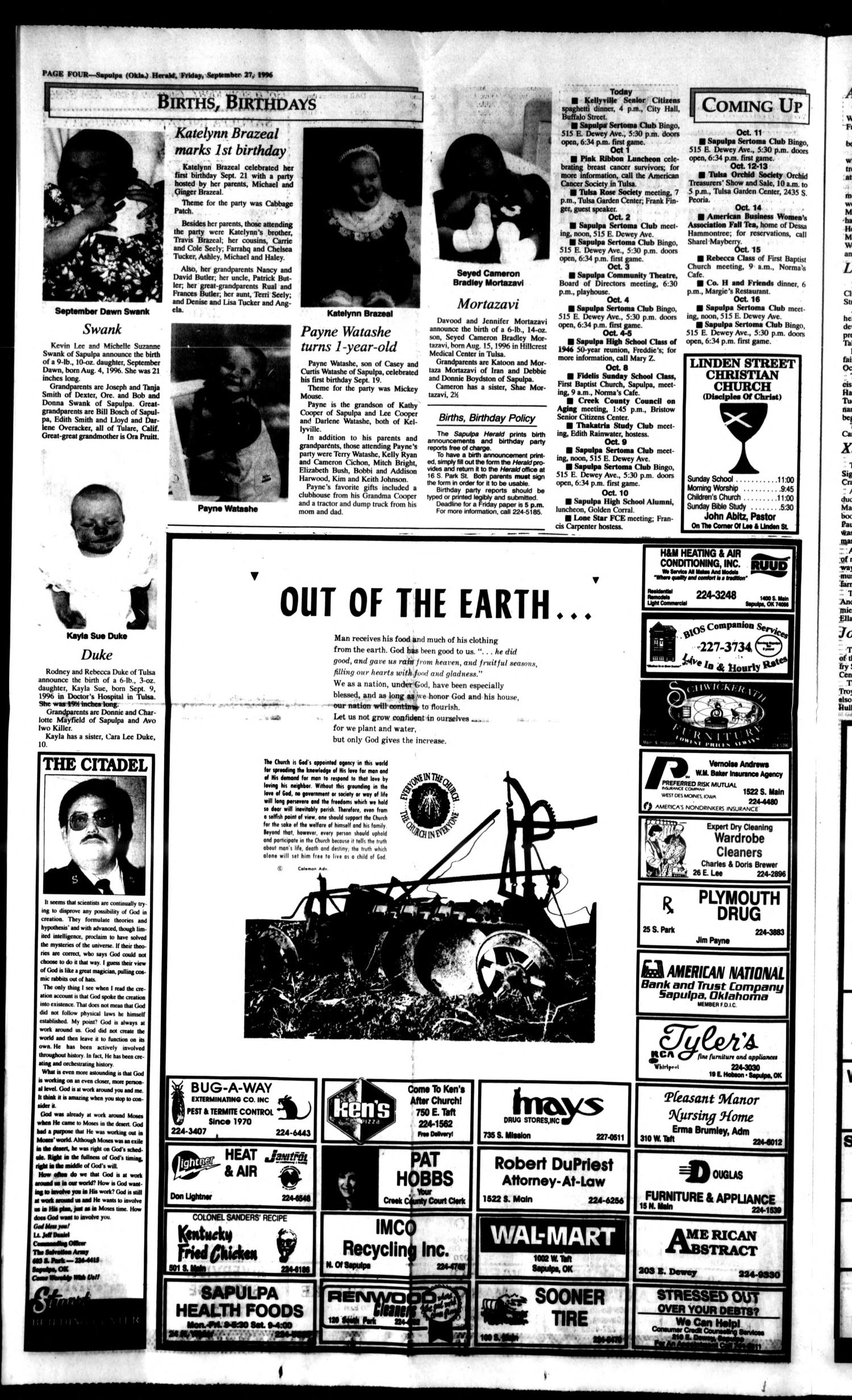 Sapulpa Daily Herald (Sapulpa, Okla.), Vol. 82, No. 12, Ed. 1 Friday, September 27, 1996
                                                
                                                    [Sequence #]: 4 of 10
                                                