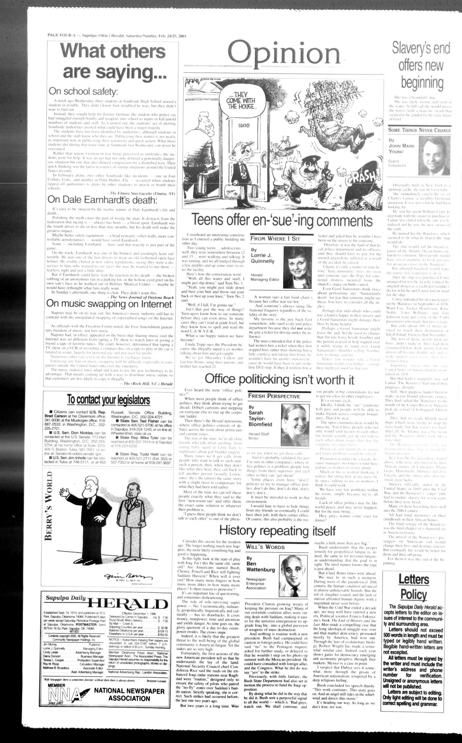 Sapulpa Daily Herald (Sapulpa, Okla.), Vol. 85, No. 140, Ed. 1 Saturday, February 24, 2001
                                                
                                                    [Sequence #]: 4 of 36
                                                