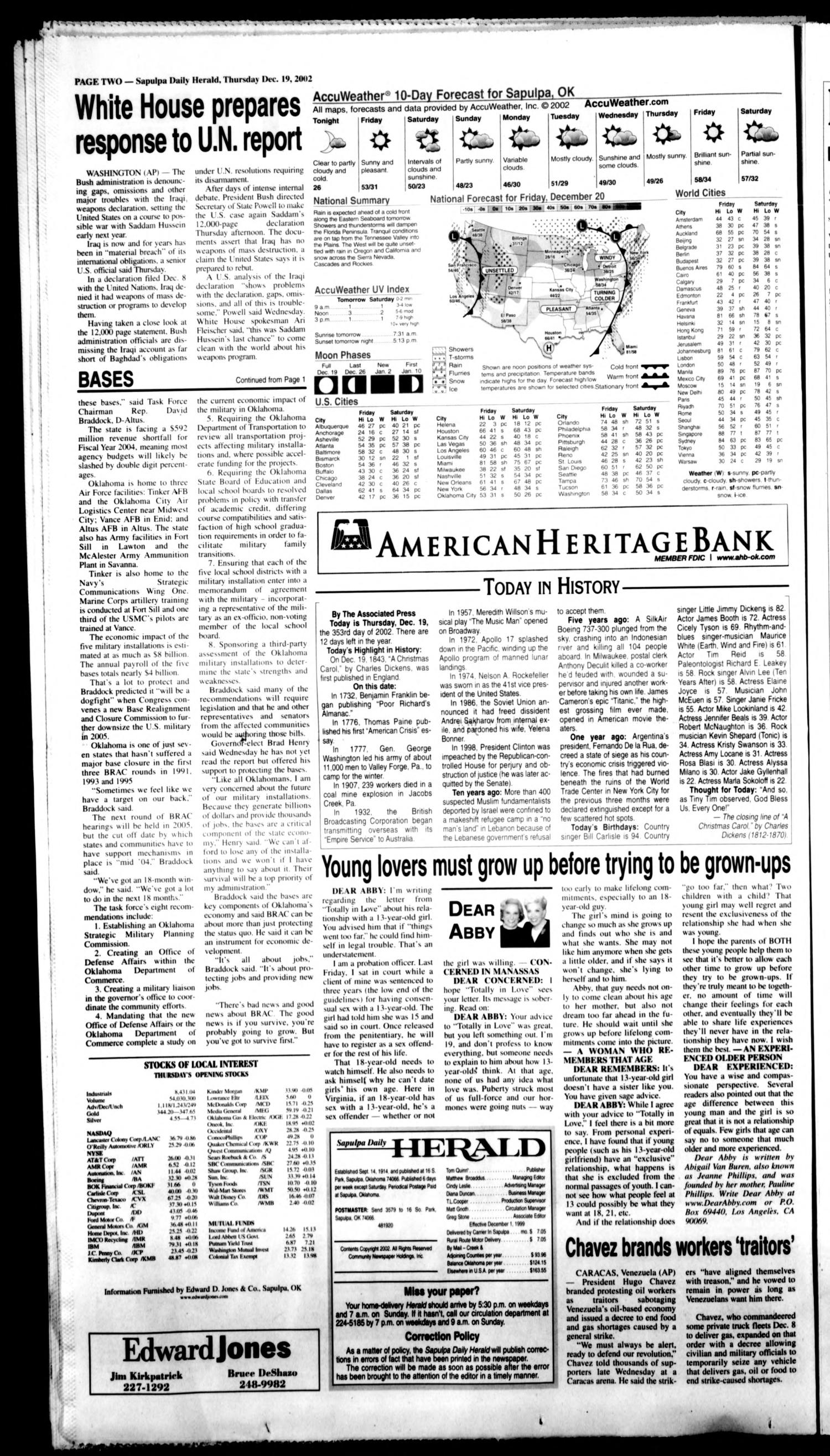 Sapulpa Daily Herald (Sapulpa, Okla.), Vol. 88, No. 58, Ed. 1 Thursday, December 19, 2002
                                                
                                                    [Sequence #]: 2 of 10
                                                