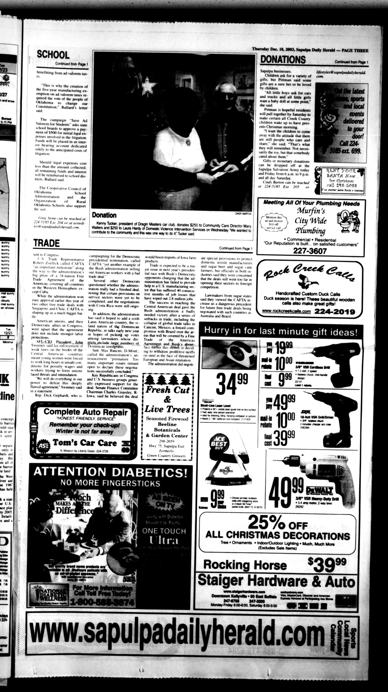 Sapulpa Daily Herald (Sapulpa, Okla.), Vol. 88, No. 85, Ed. 1 Thursday, December 18, 2003
                                                
                                                    [Sequence #]: 3 of 12
                                                