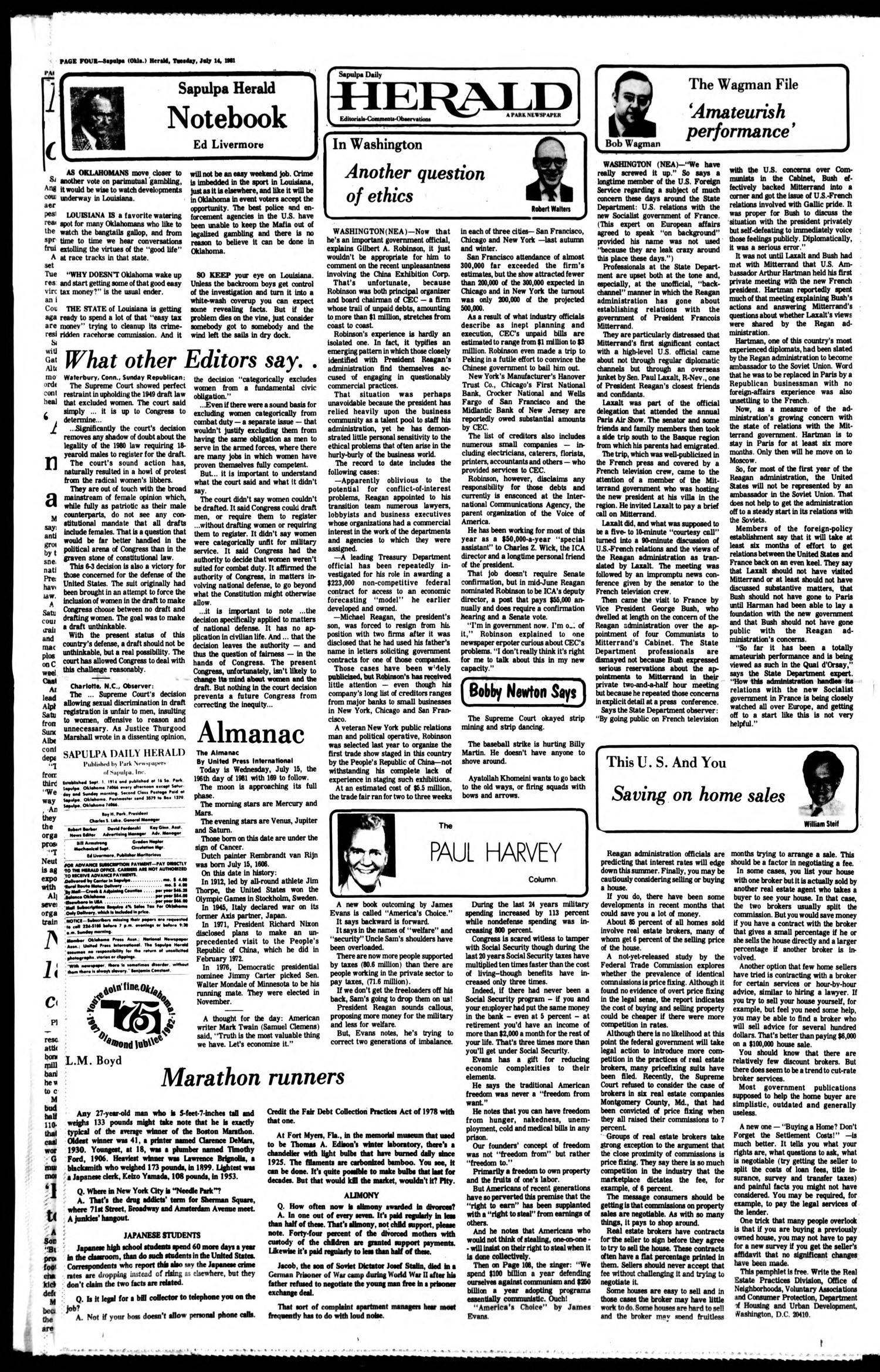 Sapulpa Daily Herald (Sapulpa, Okla.), Vol. 67, No. 259, Ed. 1 Tuesday, July 14, 1981
                                                
                                                    [Sequence #]: 4 of 10
                                                