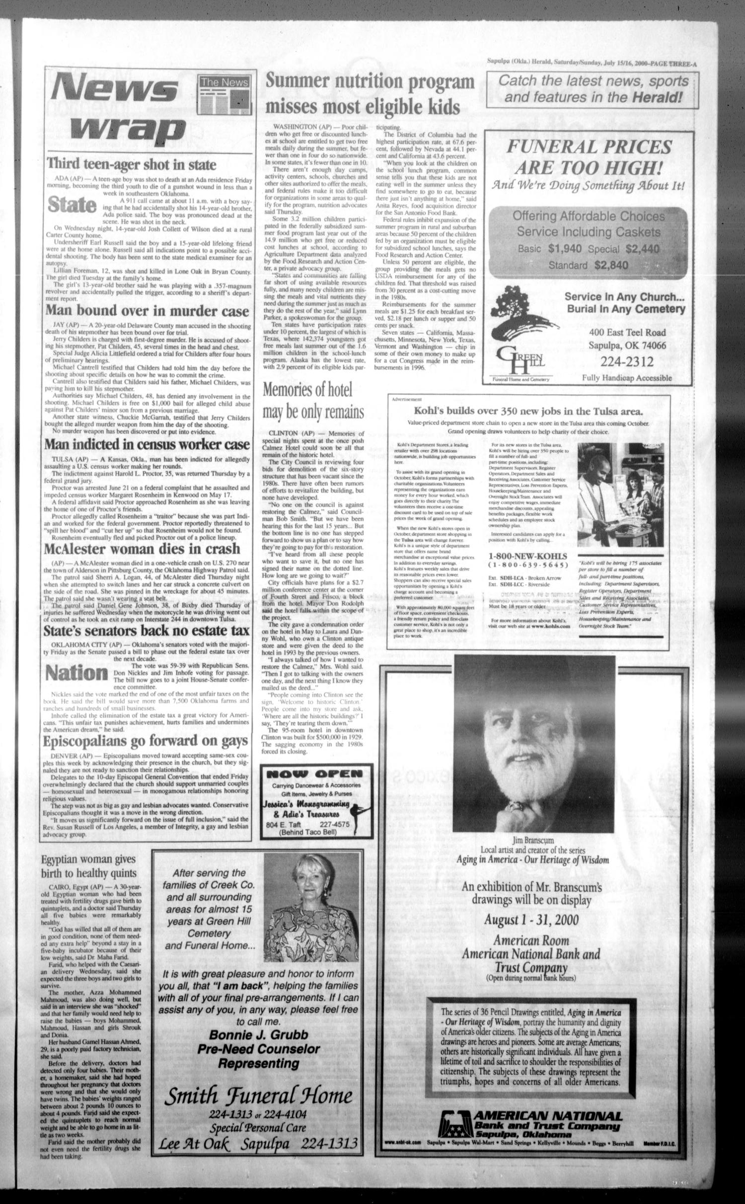 Sapulpa Daily Herald (Sapulpa, Okla.), Vol. 84, No. 265, Ed. 1 Saturday, July 15, 2000
                                                
                                                    [Sequence #]: 3 of 36
                                                