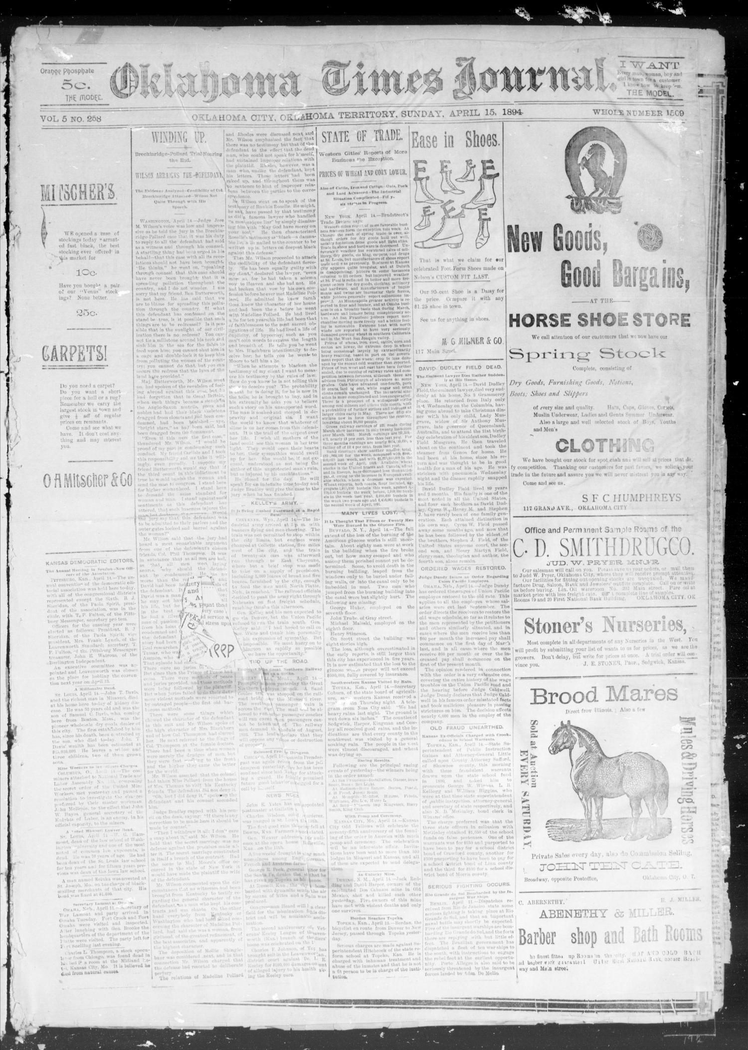 Okahoma Times Journal. (Oklahoma City, Okla. Terr.), Vol. 5, No. 258, Ed. 1 Sunday, April 15, 1894
                                                
                                                    [Sequence #]: 1 of 5
                                                