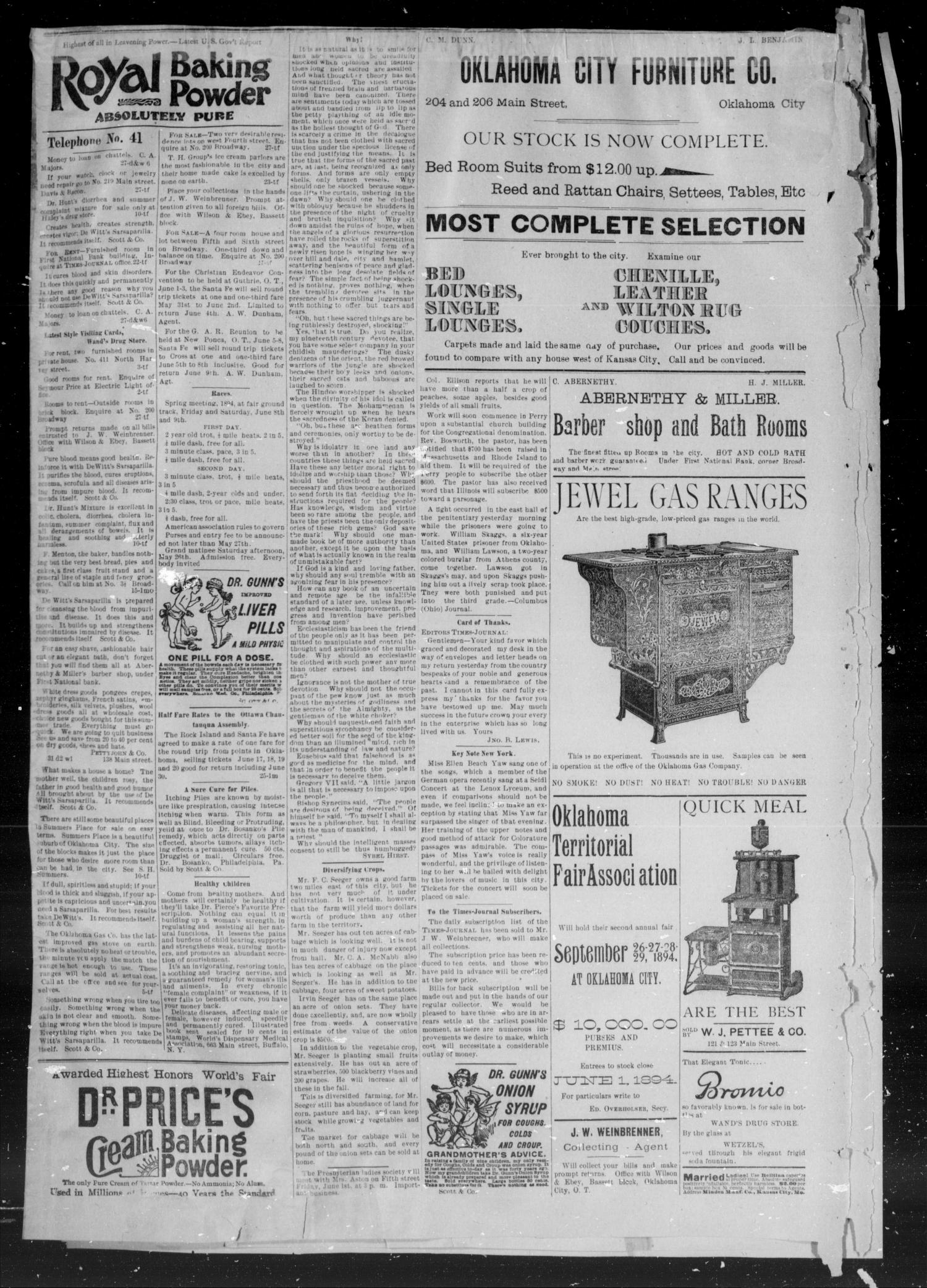 Okahoma Times Journal. (Oklahoma City, Okla. Terr.), Vol. 5, No. 297, Ed. 1 Thursday, May 31, 1894
                                                
                                                    [Sequence #]: 4 of 4
                                                