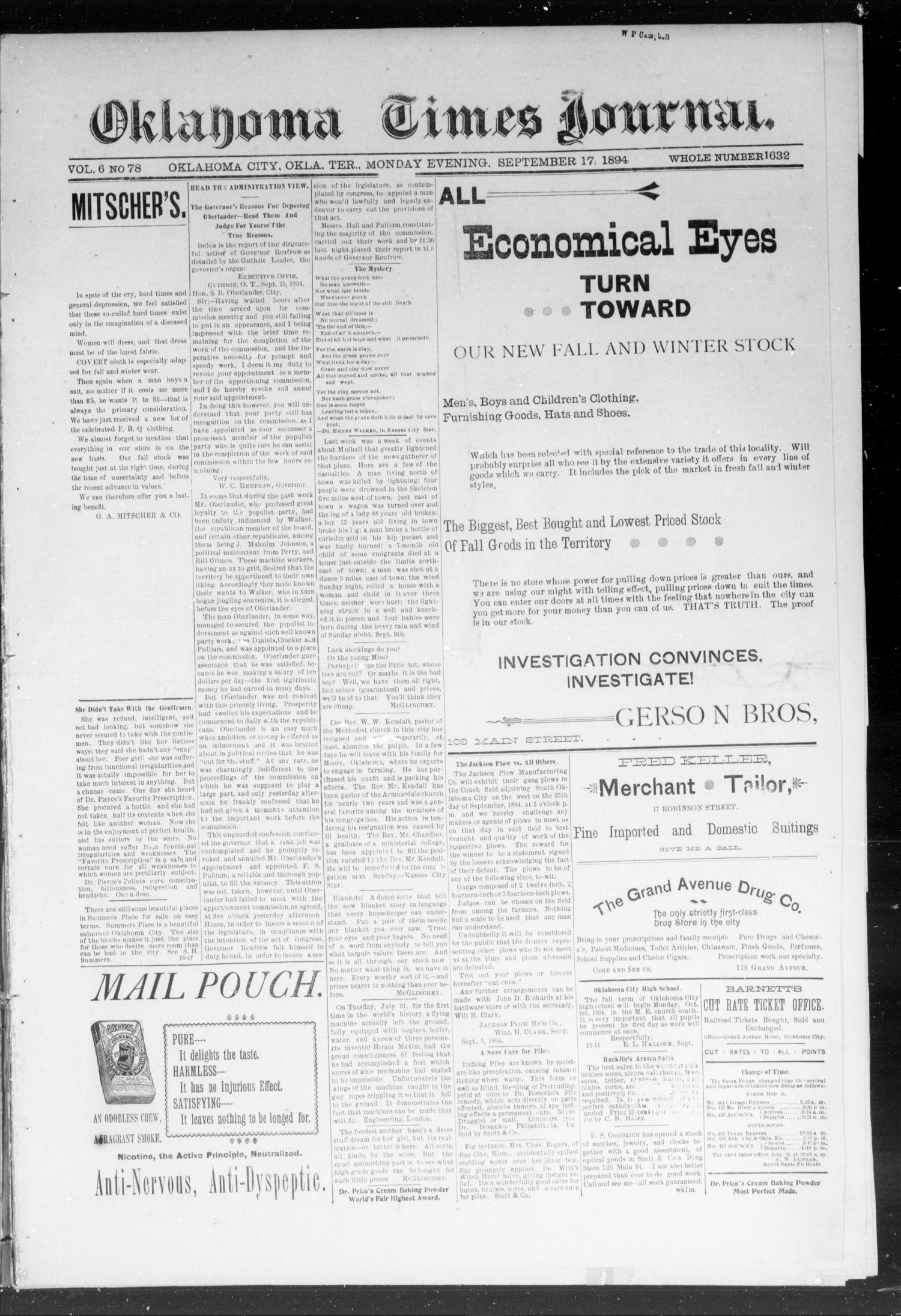 Okahoma Times Journal. (Oklahoma City, Okla. Terr.), Vol. 6, No. 78, Ed. 1 Monday, September 17, 1894
                                                
                                                    [Sequence #]: 1 of 4
                                                