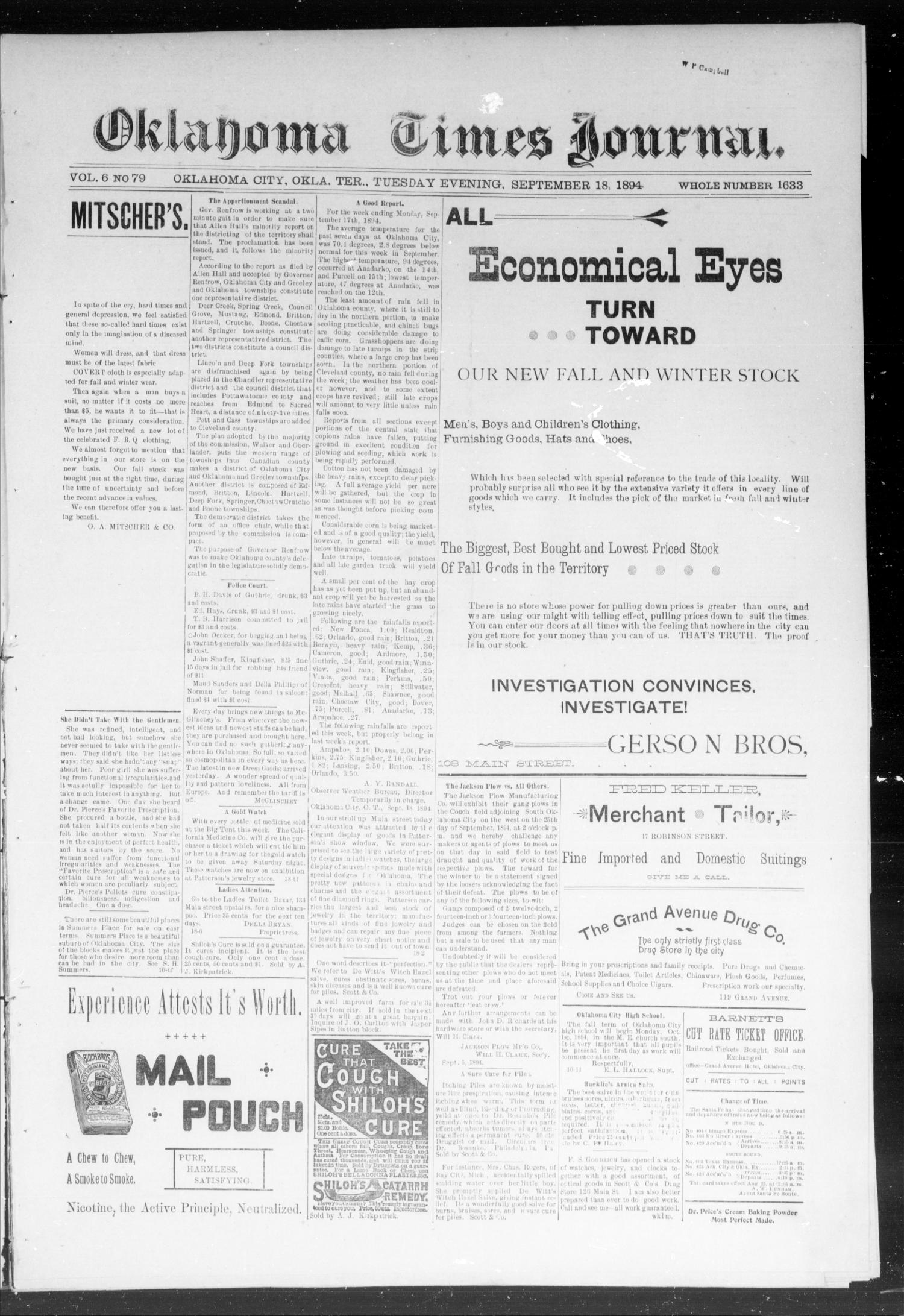Okahoma Times Journal. (Oklahoma City, Okla. Terr.), Vol. 6, No. 79, Ed. 1 Tuesday, September 18, 1894
                                                
                                                    [Sequence #]: 1 of 4
                                                