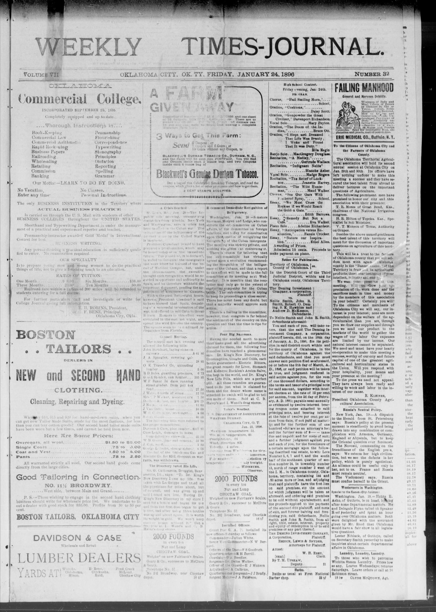 Weekly Times-Journal. (Oklahoma City, Okla. Terr.), Vol. 7, No. 32, Ed. 1 Friday, January 24, 1896
                                                
                                                    [Sequence #]: 1 of 8
                                                