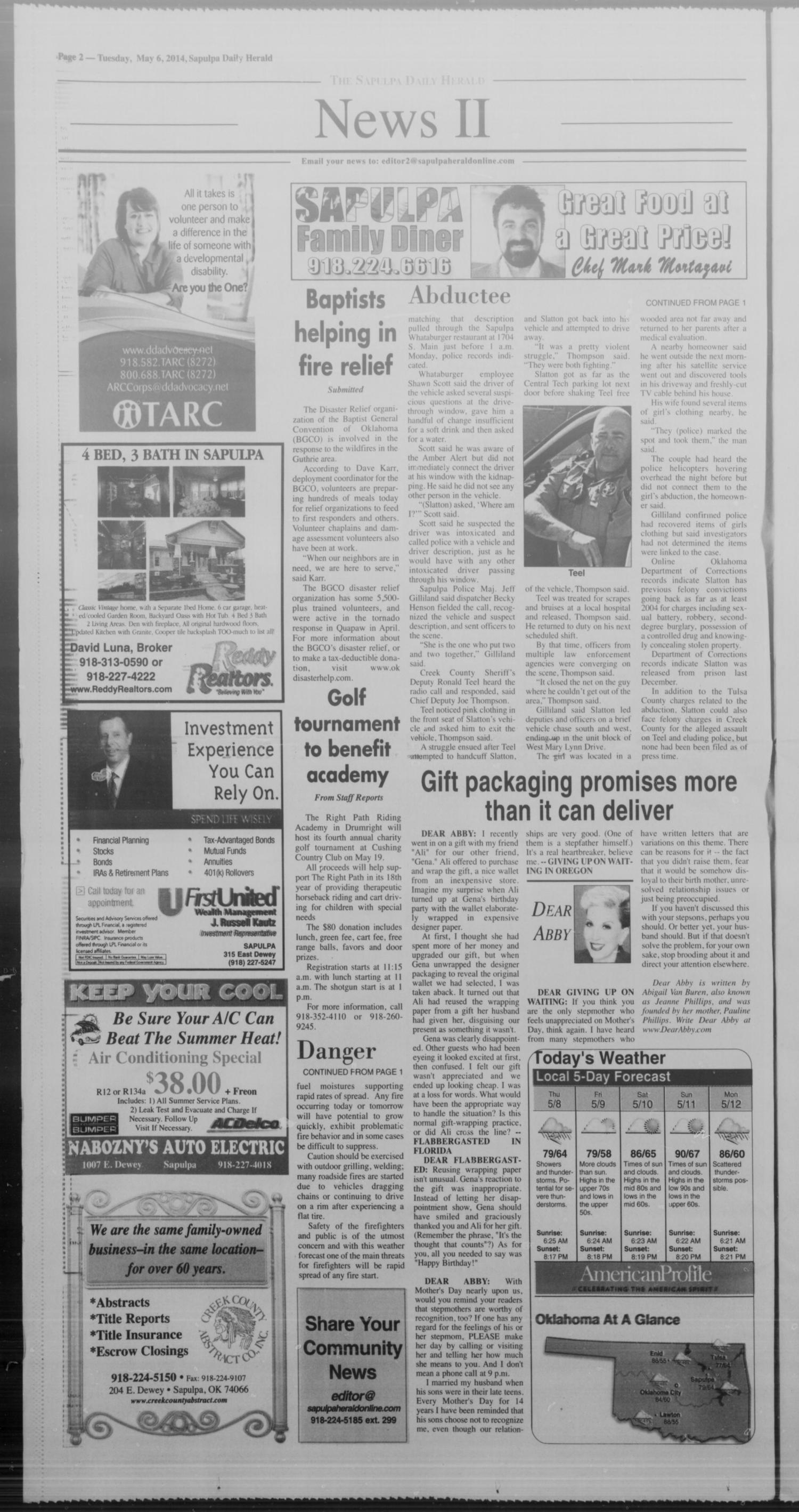 Sapulpa Daily Herald (Sapulpa, Okla.), Vol. 99, No. 161, Ed. 1 Tuesday, May 6, 2014
                                                
                                                    [Sequence #]: 2 of 12
                                                