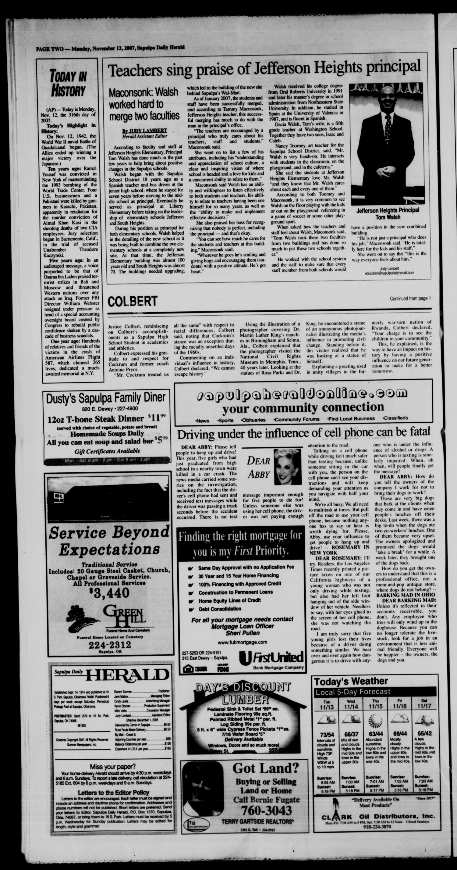 Sapulpa Daily Herald (Sapulpa, Okla.), Vol. 93, No. 2, Ed. 1 Monday, November 12, 2007
                                                
                                                    [Sequence #]: 2 of 8
                                                