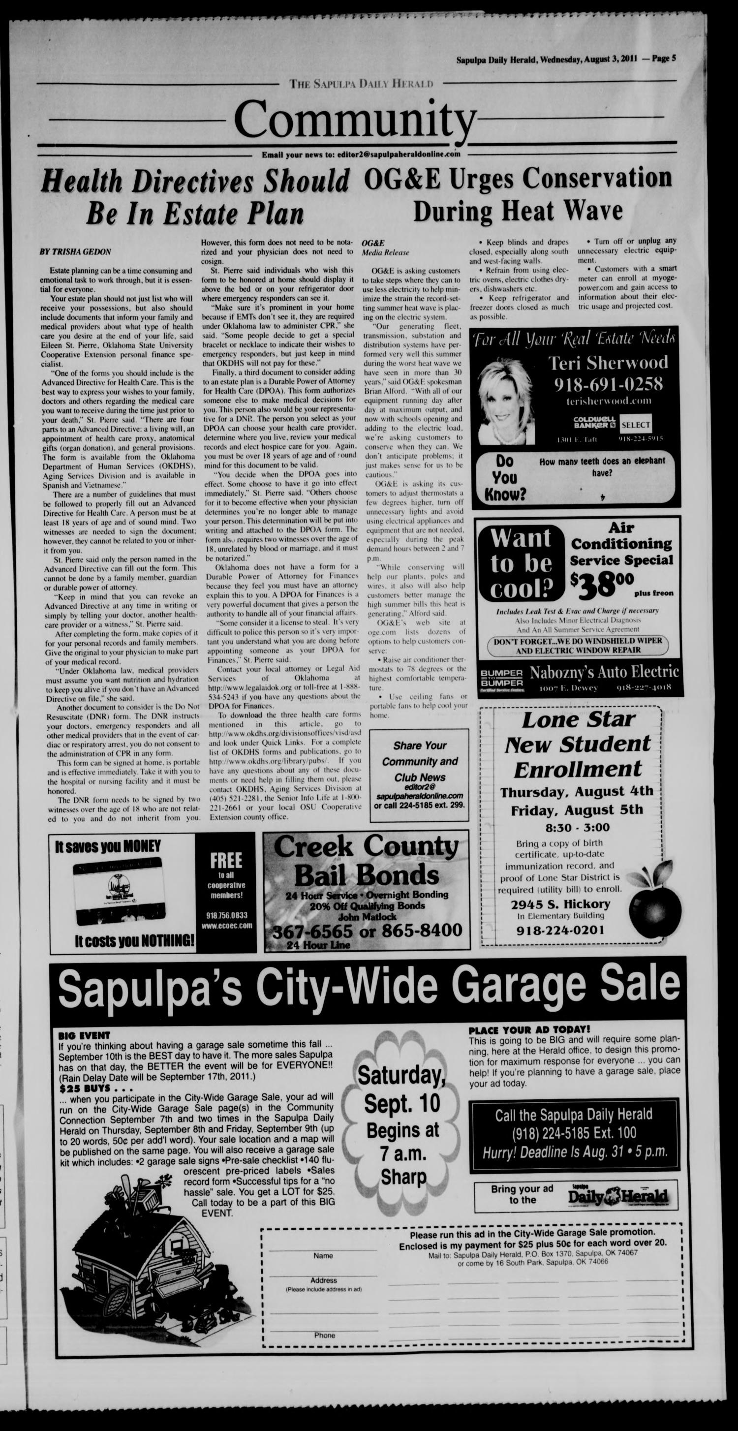 Sapulpa Daily Herald (Sapulpa, Okla.), Vol. 96, No. 226, Ed. 1 Wednesday, August 3, 2011
                                                
                                                    [Sequence #]: 5 of 14
                                                