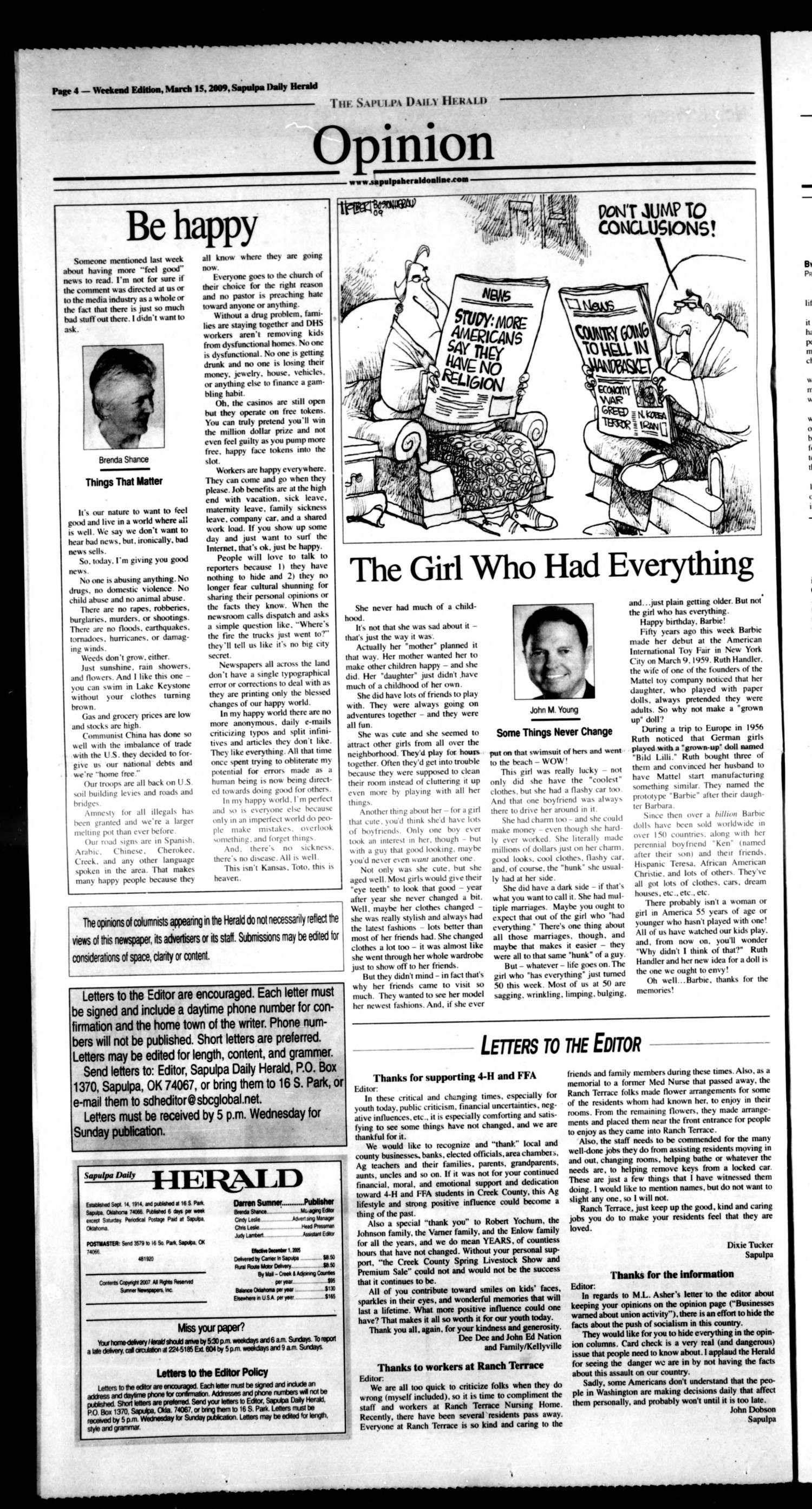 Sapulpa Daily Herald (Sapulpa, Okla.), Vol. 94, No. 154, Ed. 1 Sunday, March 15, 2009
                                                
                                                    [Sequence #]: 4 of 28
                                                