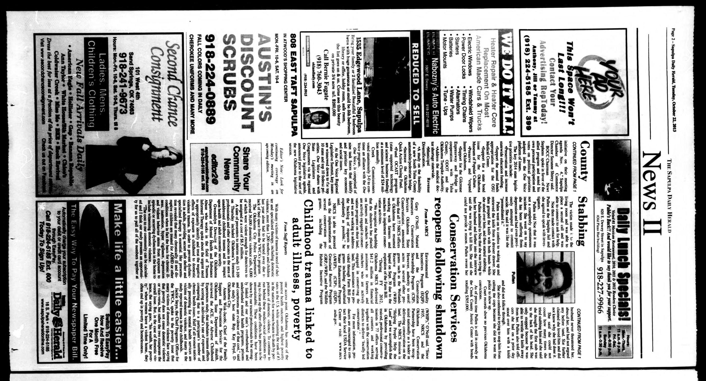 Sapulpa Daily Herald (Sapulpa, Okla.), Vol. 99, No. 27, Ed. 1 Tuesday, October 22, 2013
                                                
                                                    [Sequence #]: 2 of 14
                                                